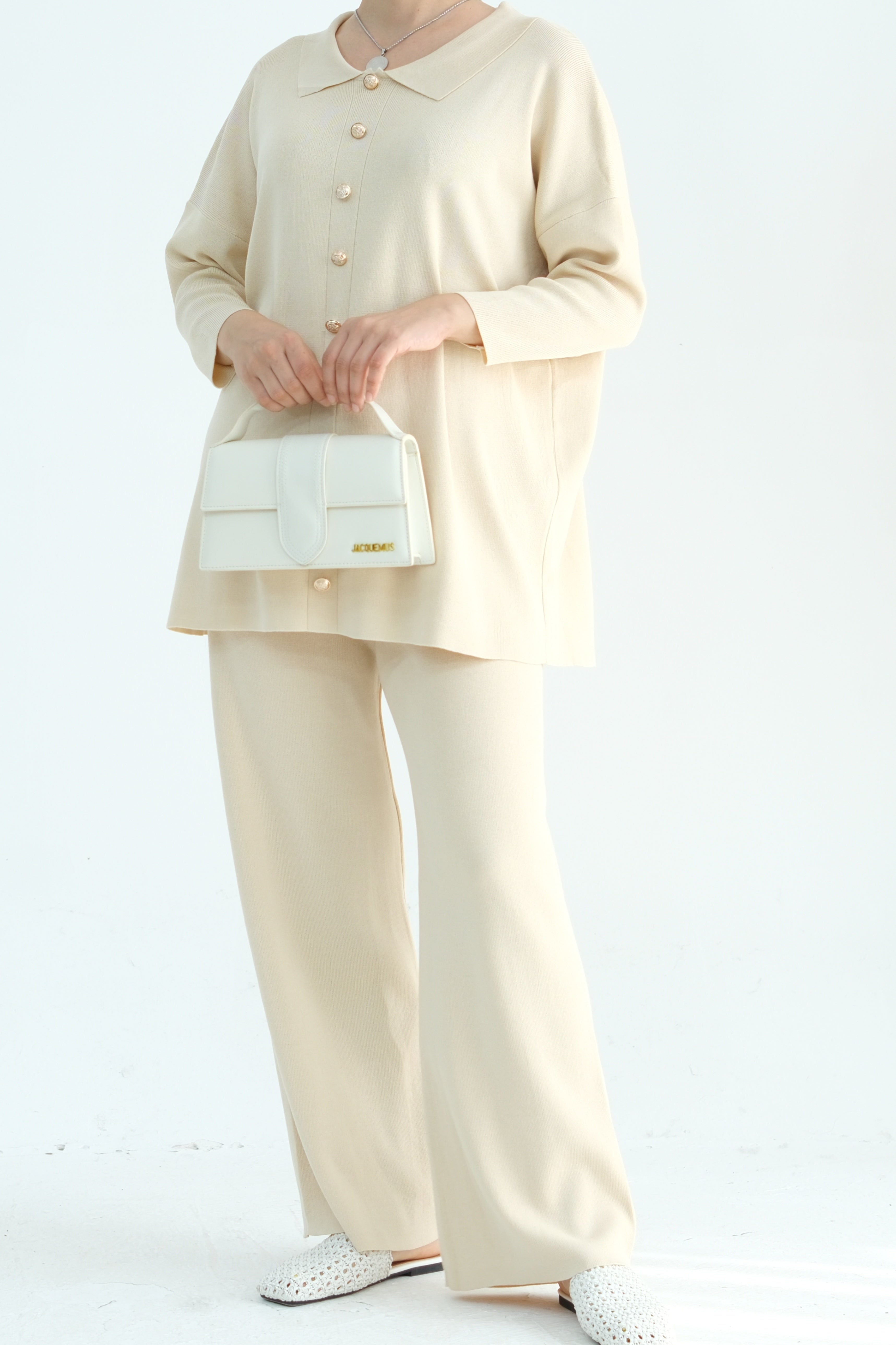 Inas Minimalist Buttoned Abaya Top and Pants Set 869- Beige