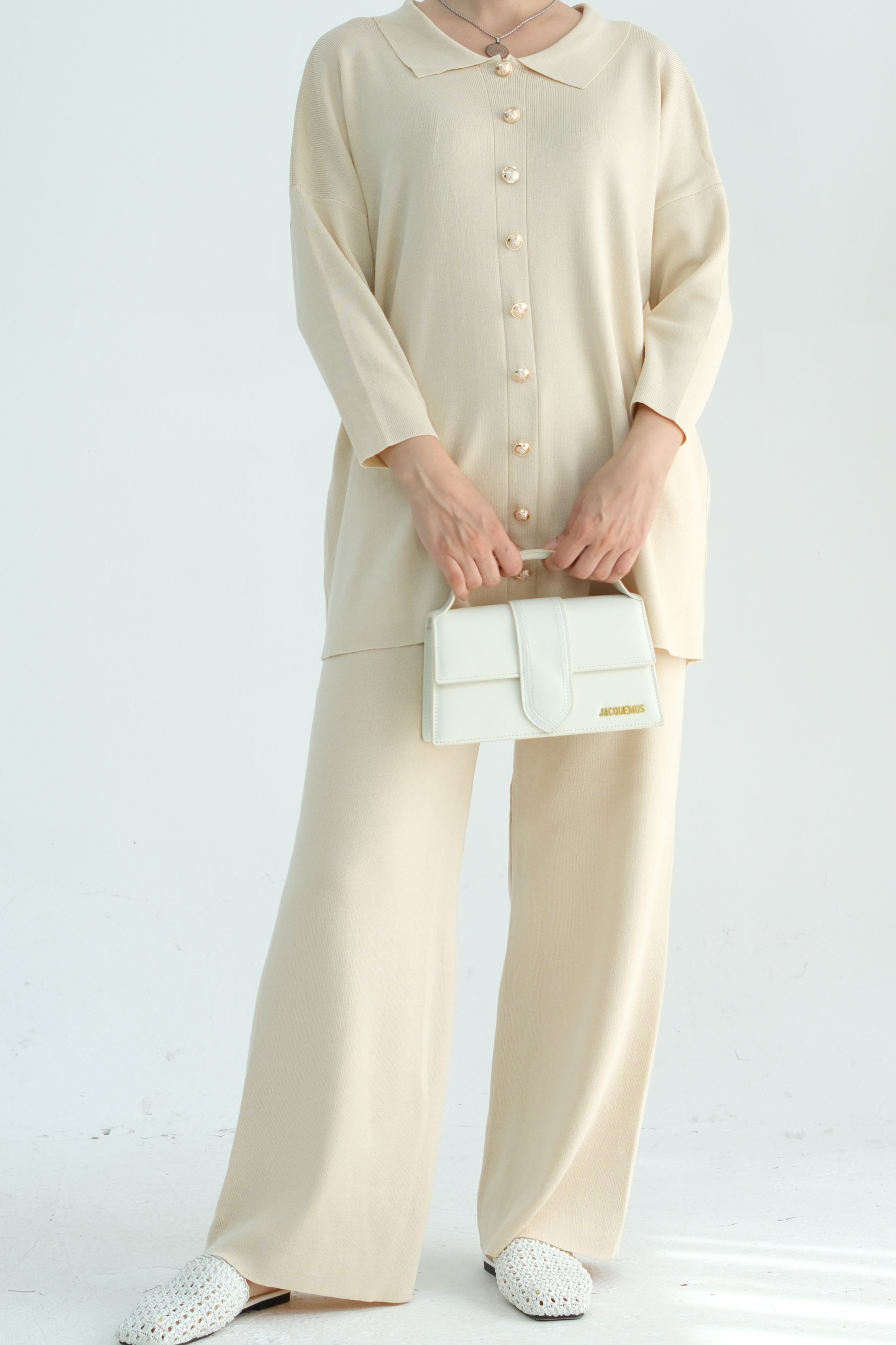 Inas Minimalist Buttoned Abaya Top and Pants Set 869- Beige