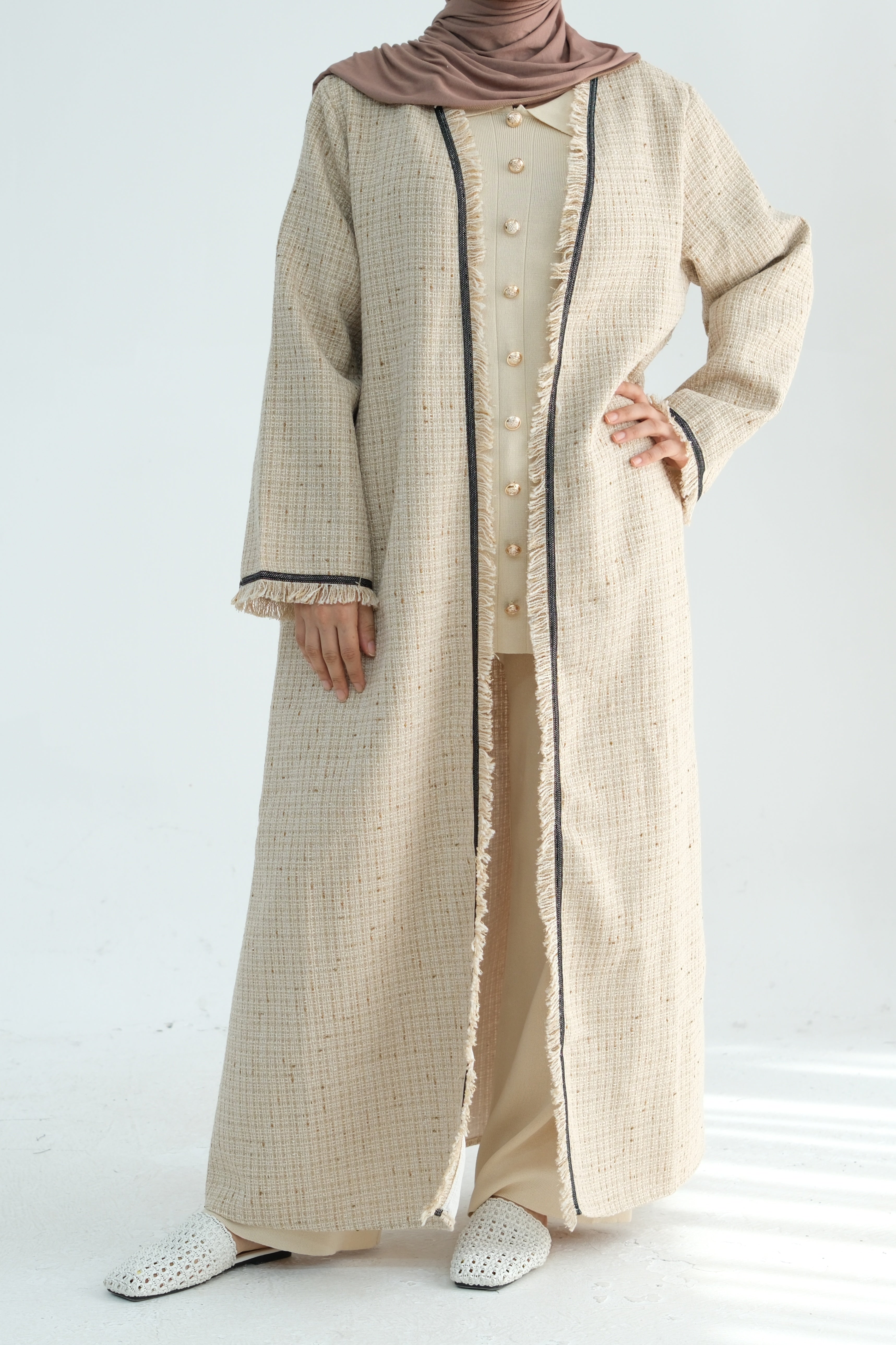 Lina Chic Boucle Open Abaya 908-Khaki