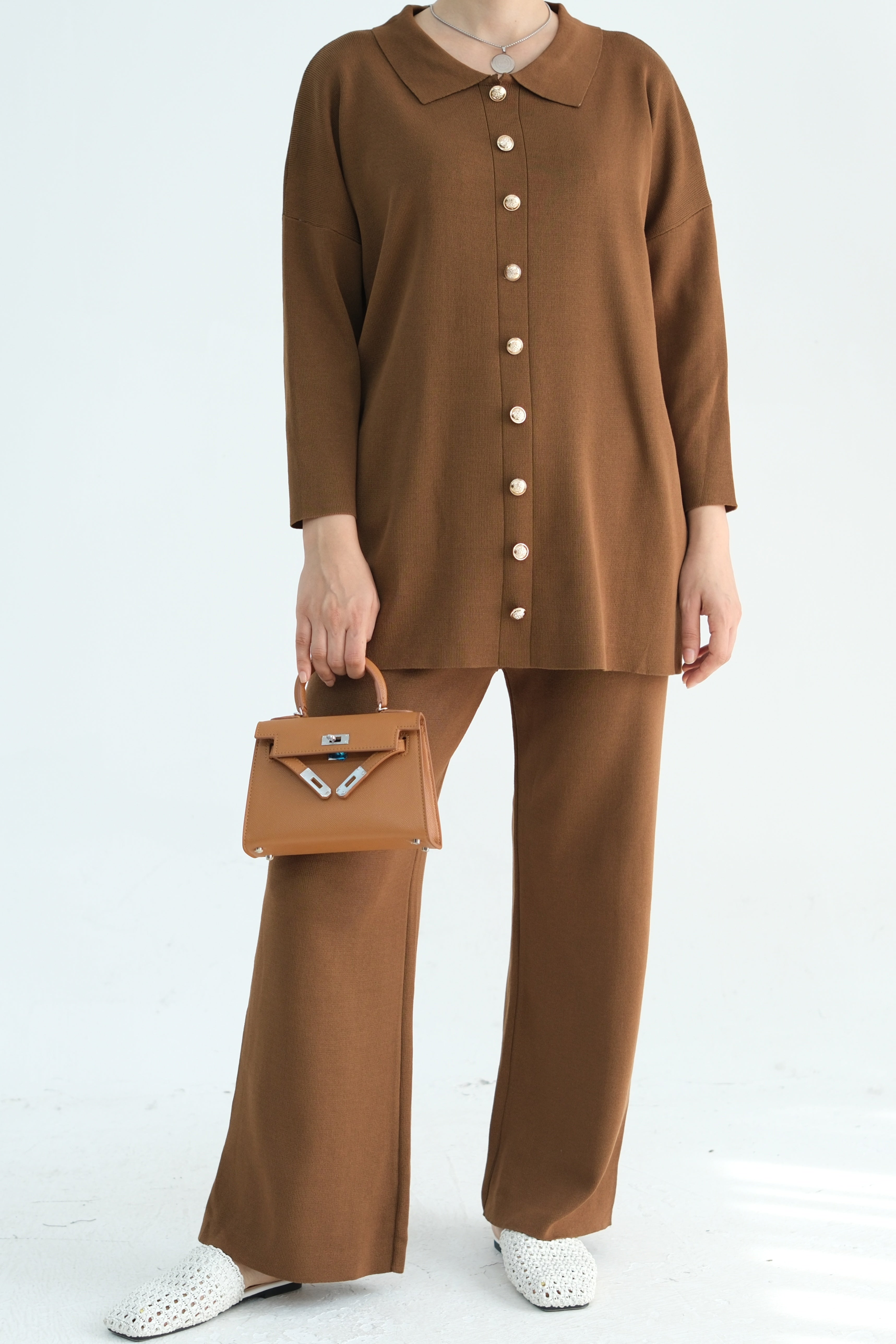 Inas Minimalist Buttoned Abaya Top and Pants Set 869 - Coffee