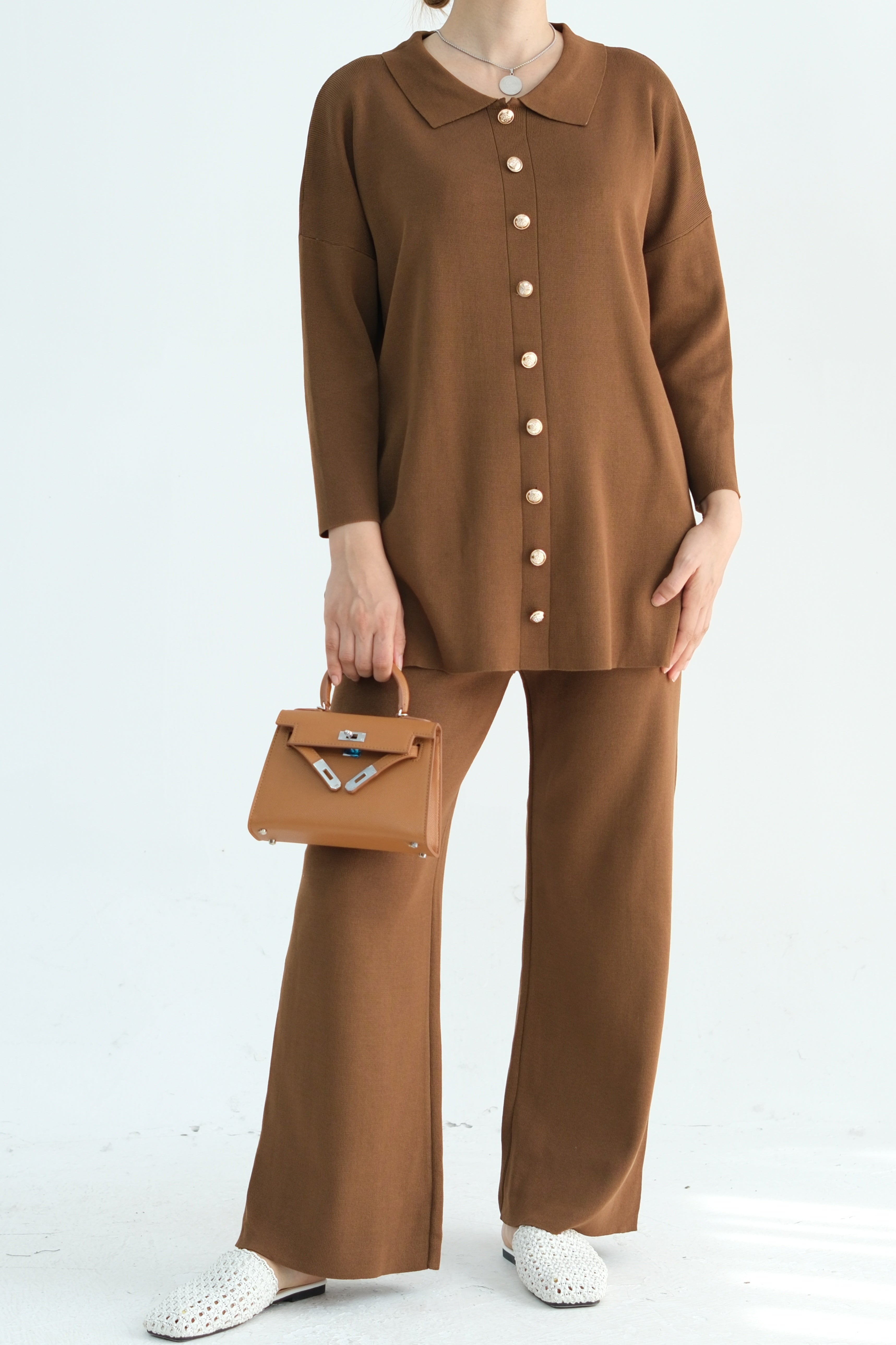 Inas Minimalist Buttoned Abaya Top and Pants Set 869- Coffee