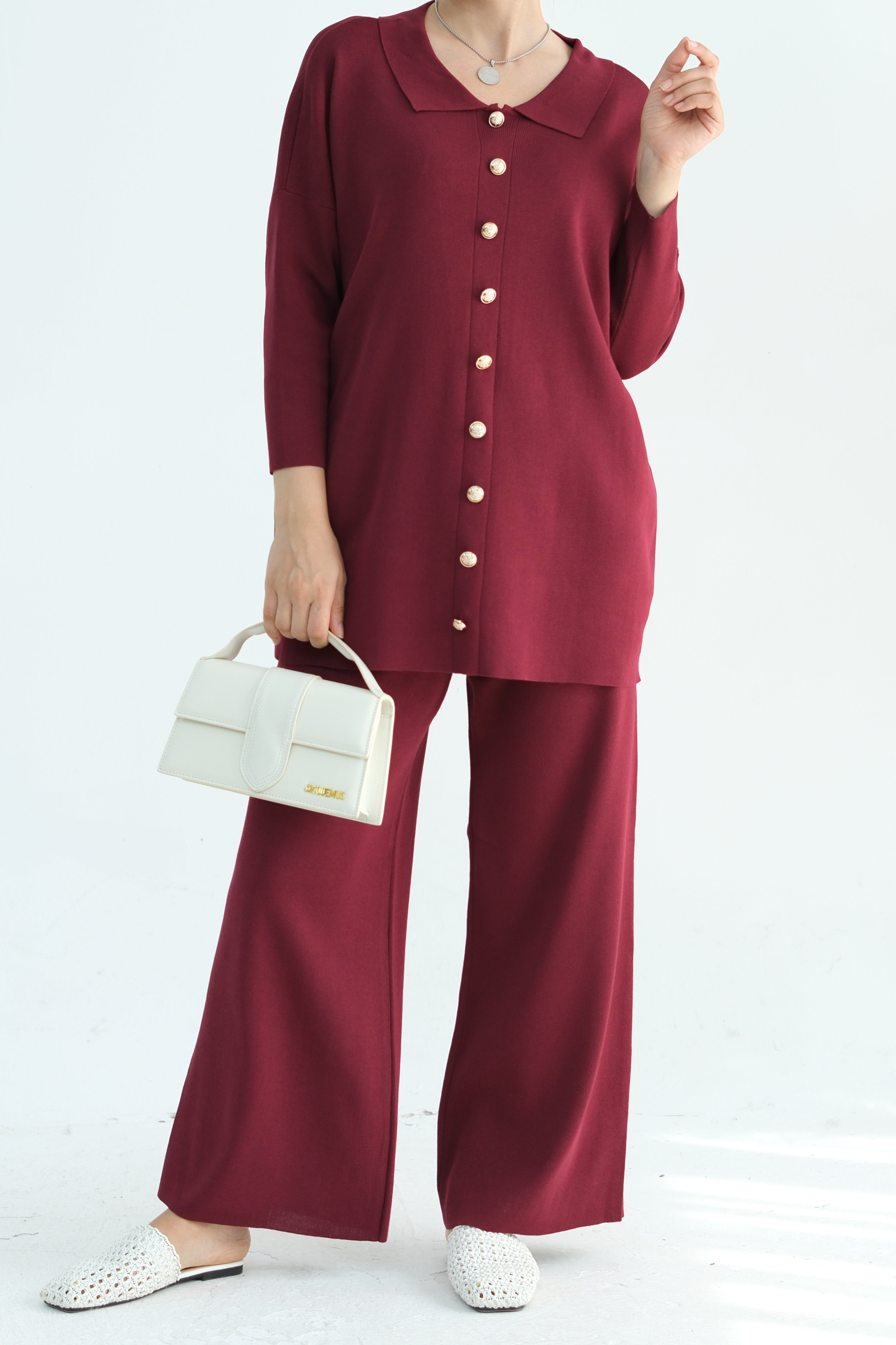 Inas Minimalist Buttoned Abaya Top and Pants Set 869- Dark Red