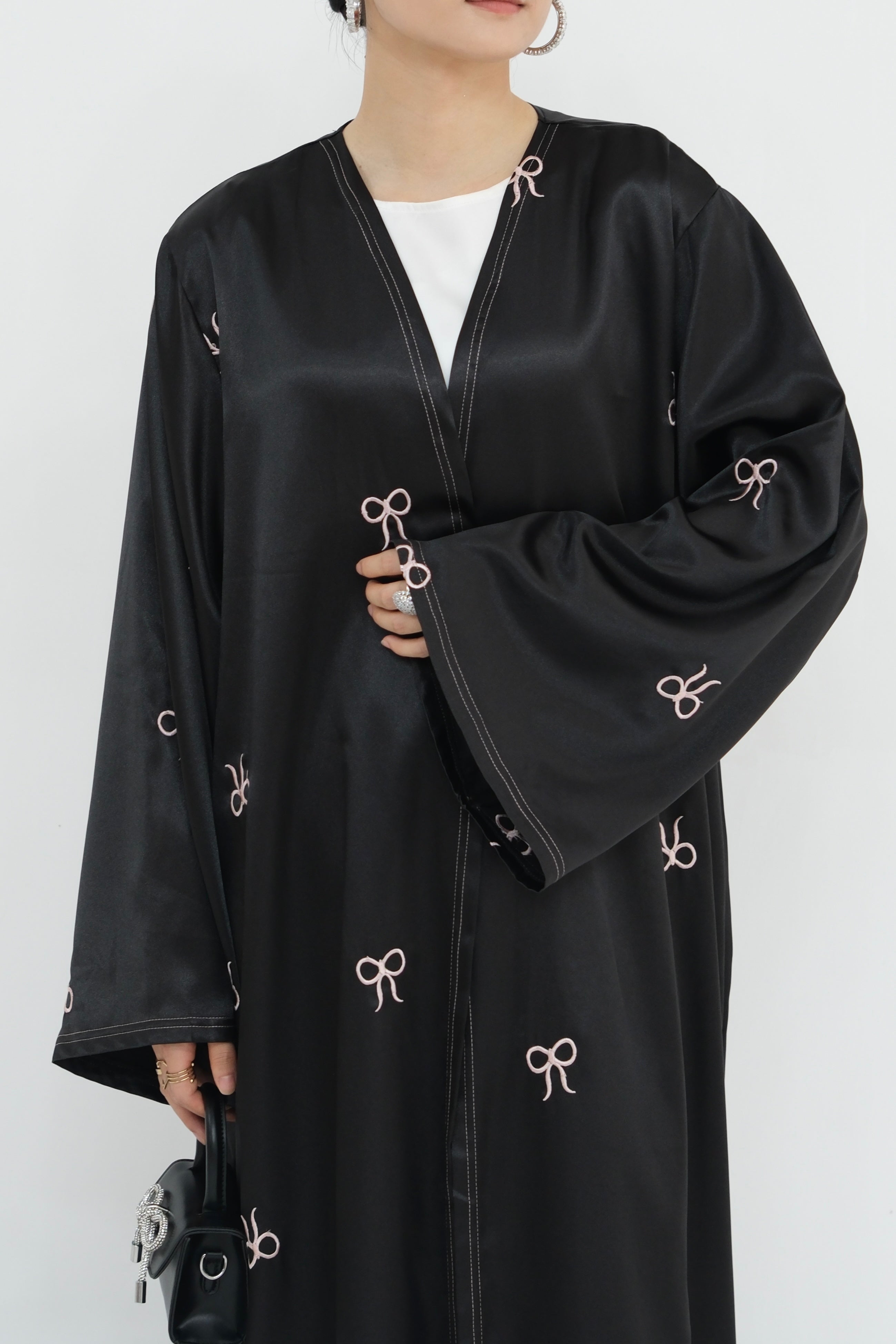 Aara Elegant Bowknot Embroidery Open Abaya 798 - Black