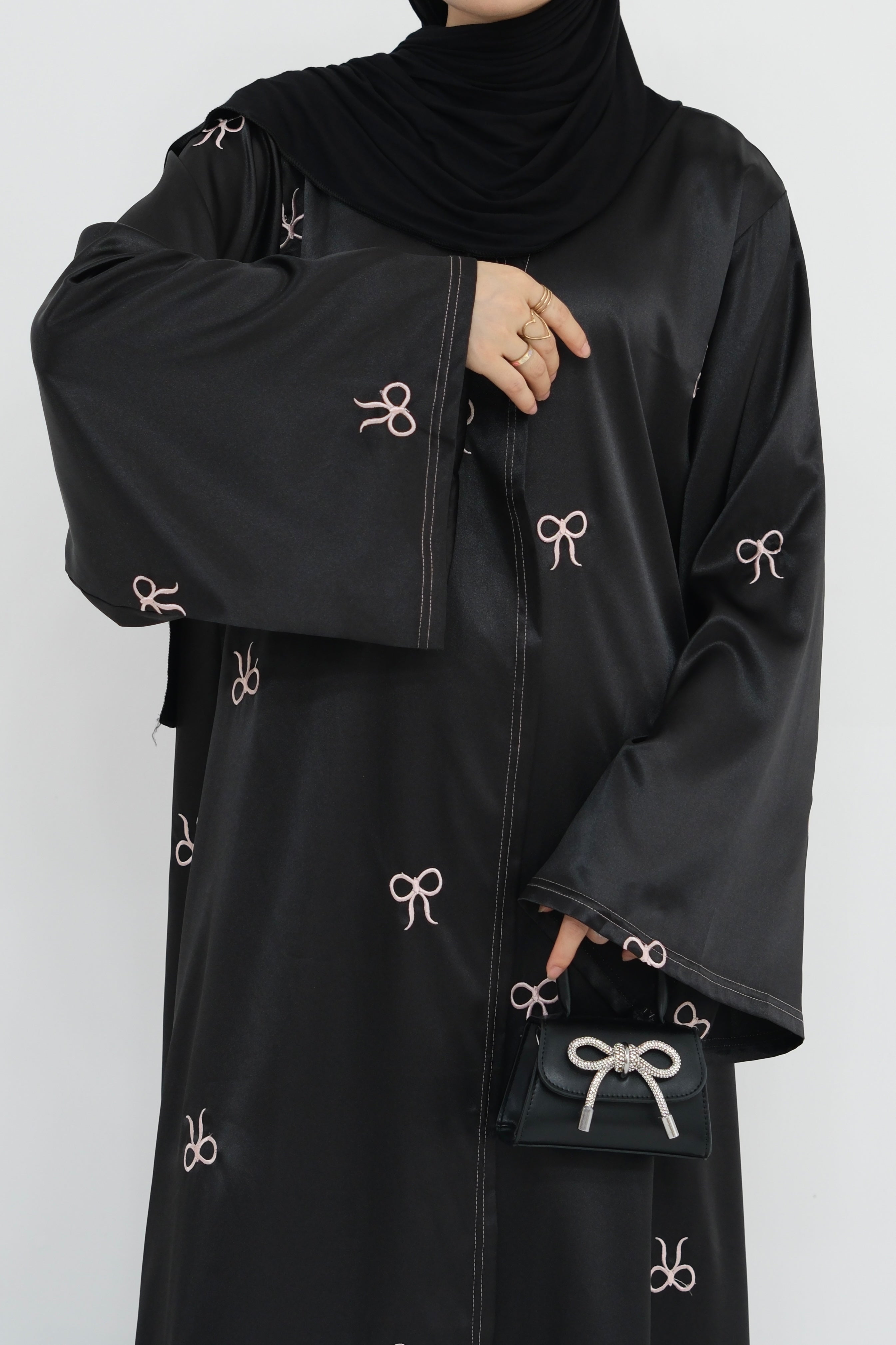 Aara Elegant Bowknot Embroidery Open Abaya 798 - Black