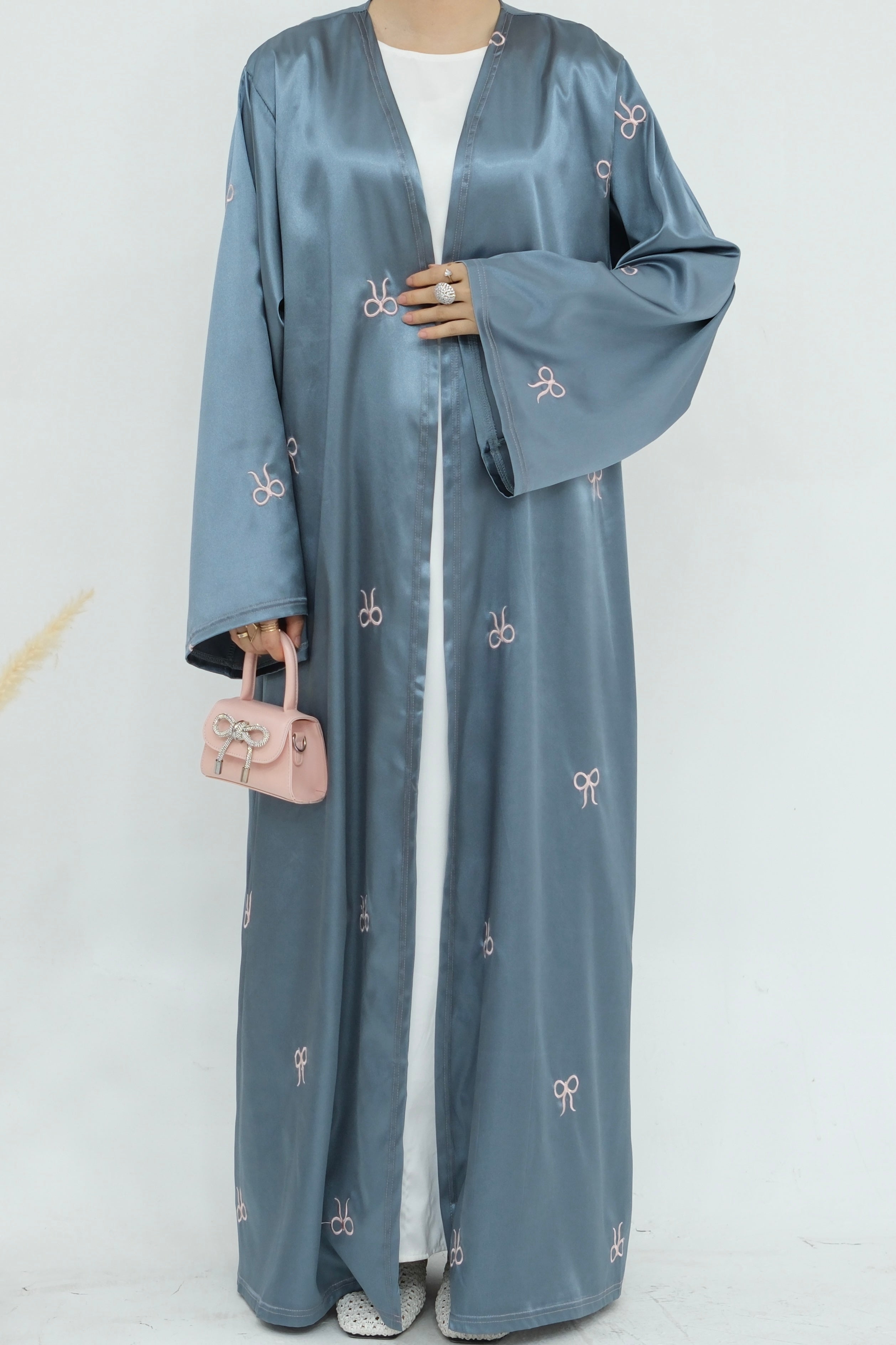 Aara Elegant Bowknot Embroidery Satin Open Abaya 798 - Gray