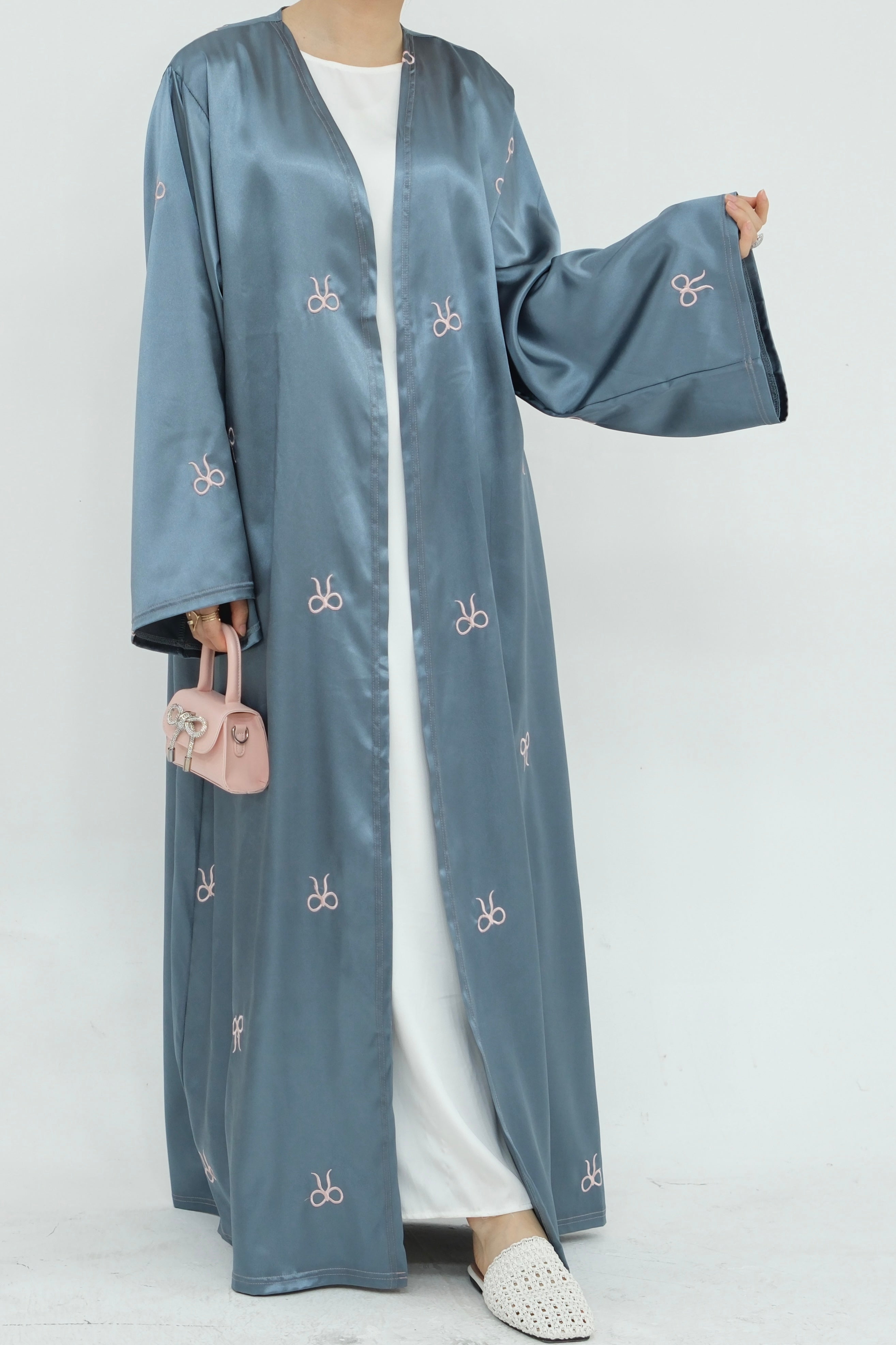 Aara Elegant Bowknot Embroidery Open Abaya 798 - Gray