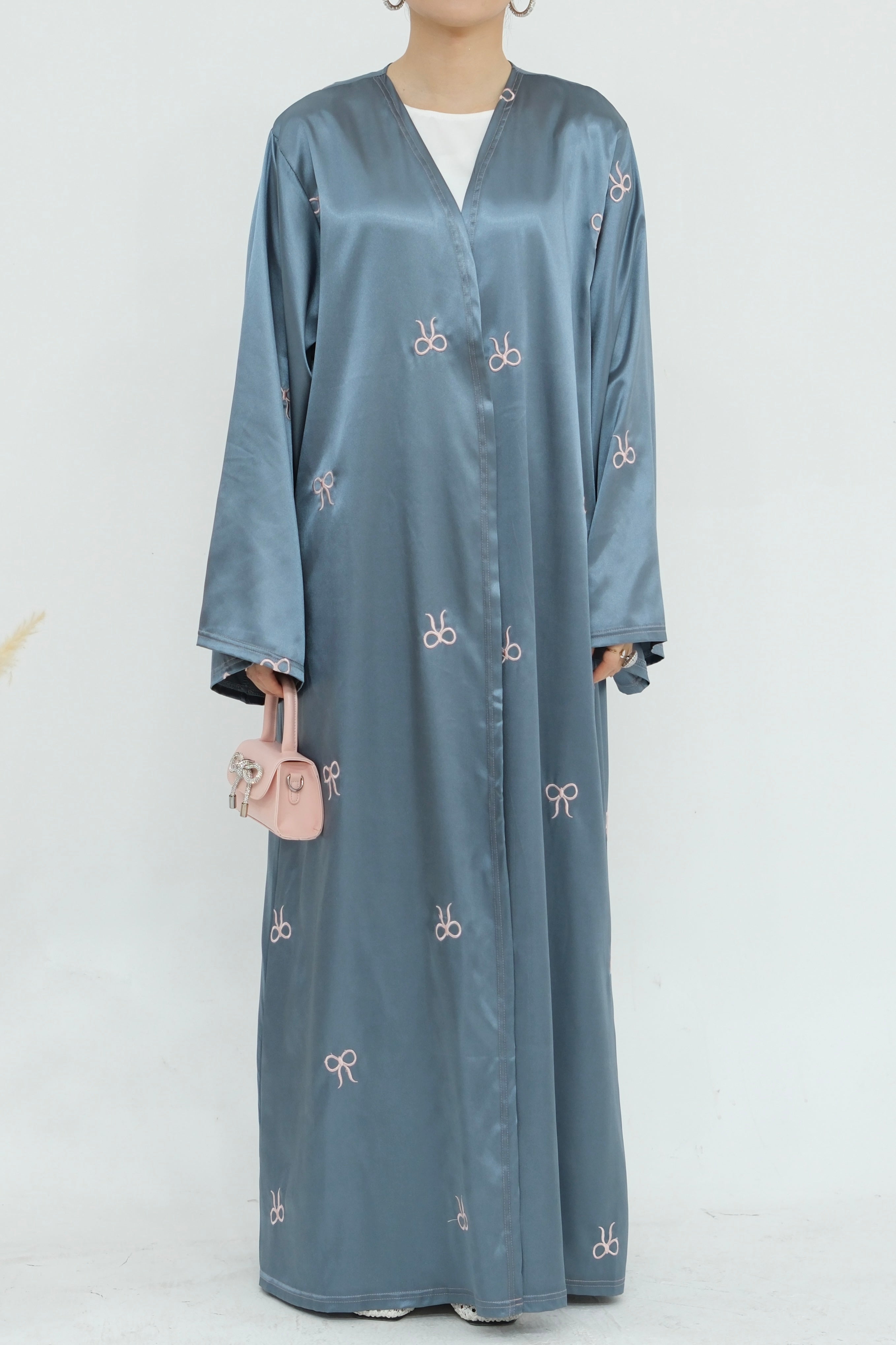 Aara Elegant Bowknot Embroidery Satin Open Abaya 798 - Gray