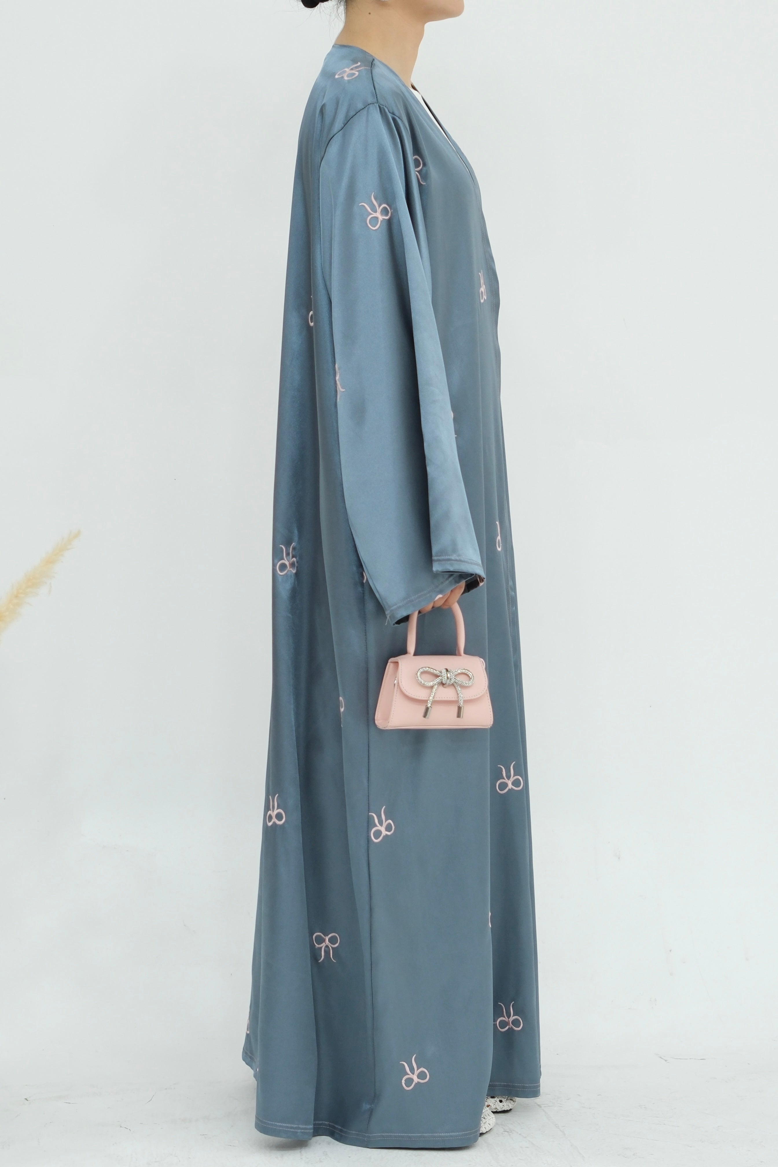 Aara Elegant Bowknot Embroidery Satin Open Abaya 798 - Gray