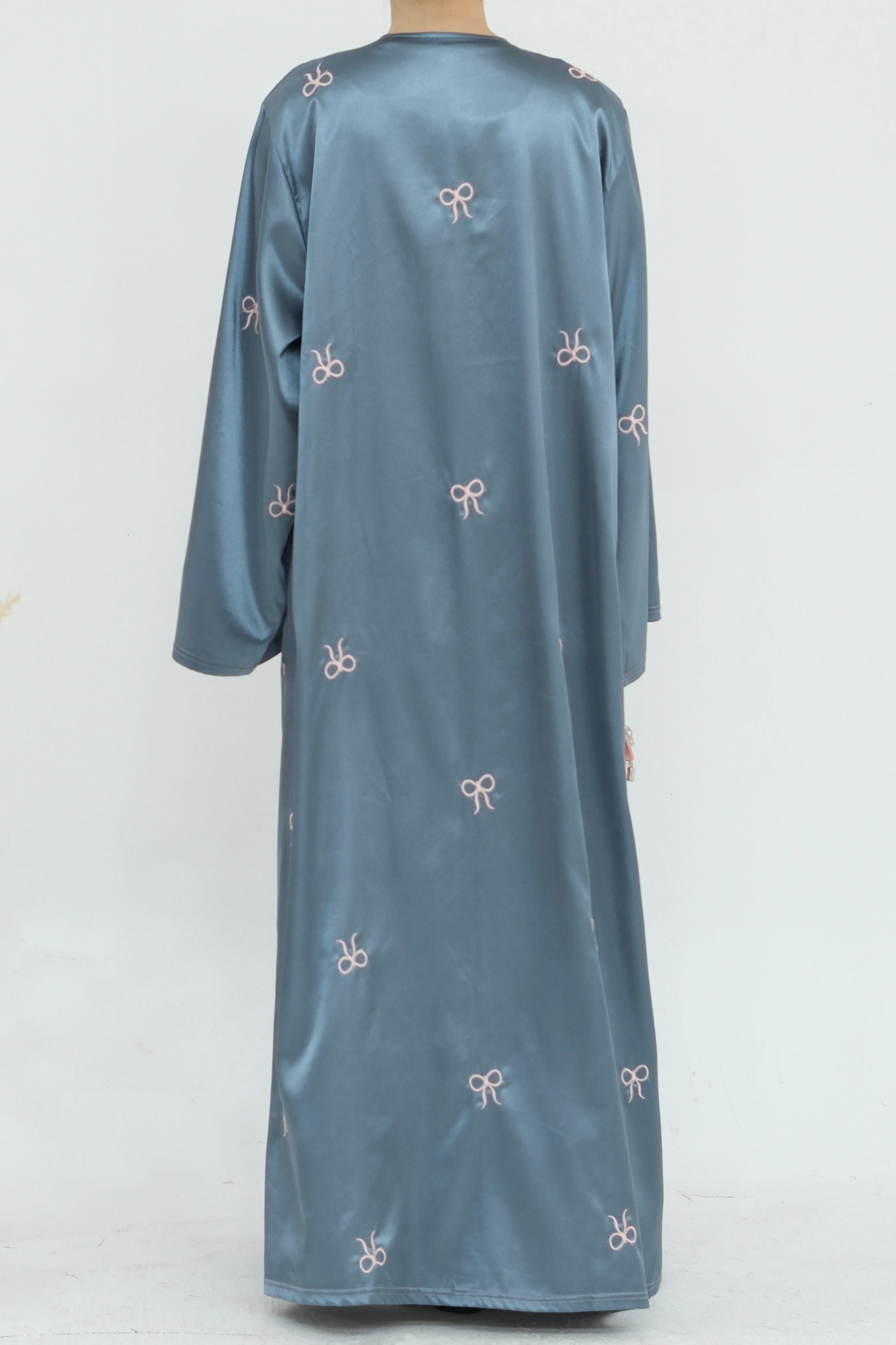 Aara Elegant Bowknot Embroidery Satin Open Abaya 798 - Gray