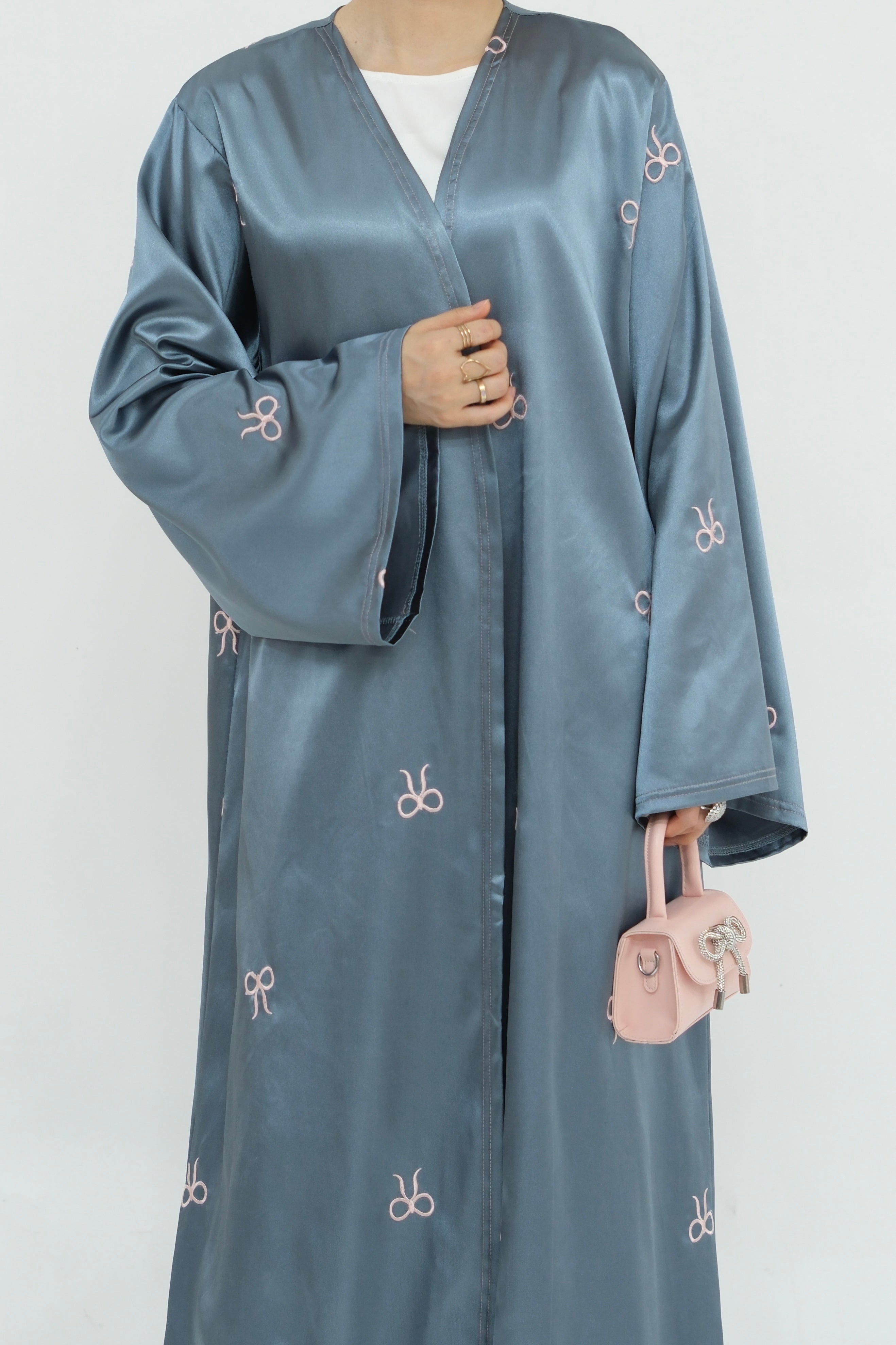 Aara Elegant Bowknot Embroidery Satin Open Abaya 798 - Gray