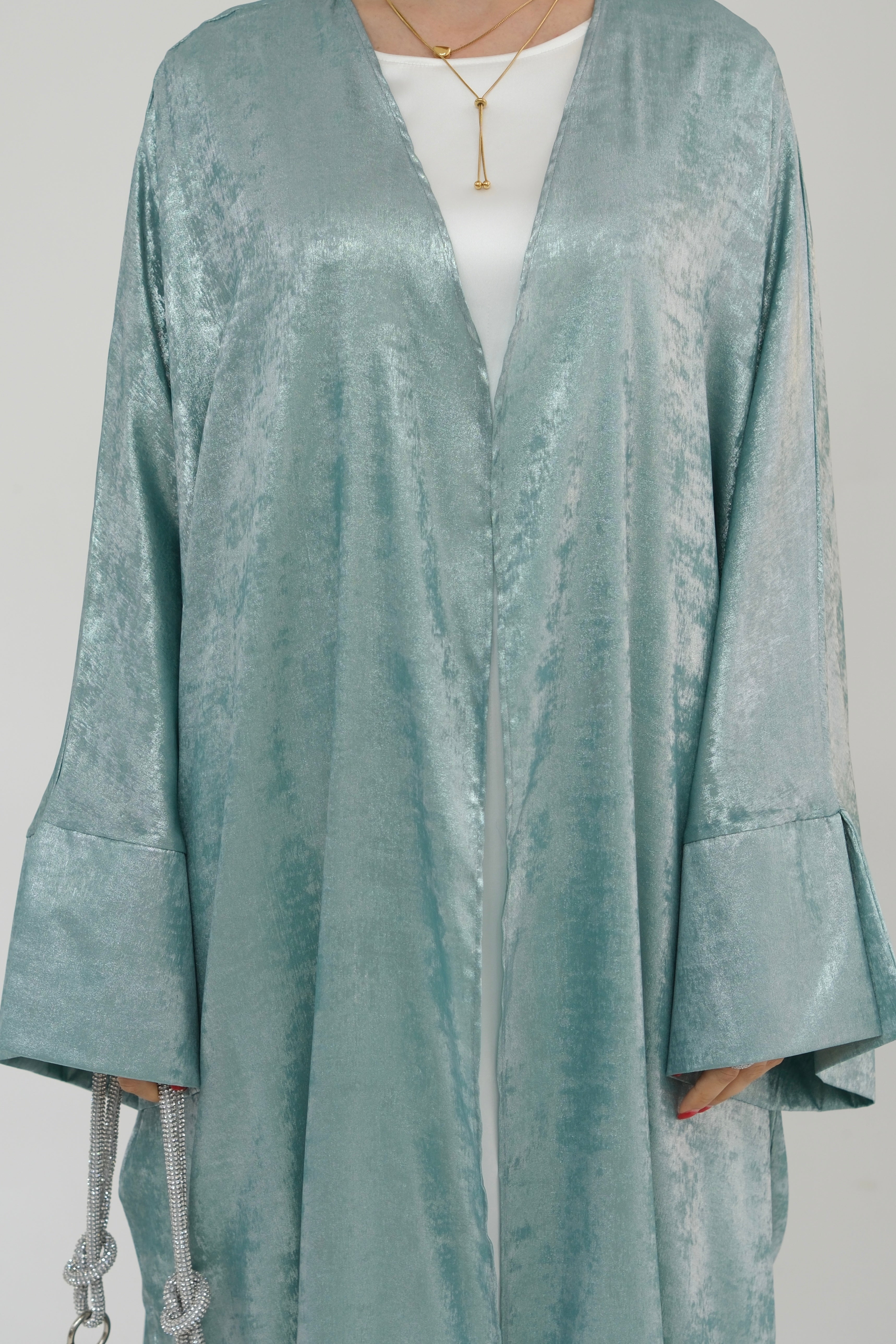 Bahraa Shiny Batwing Butterfly Open Abaya 795-Green