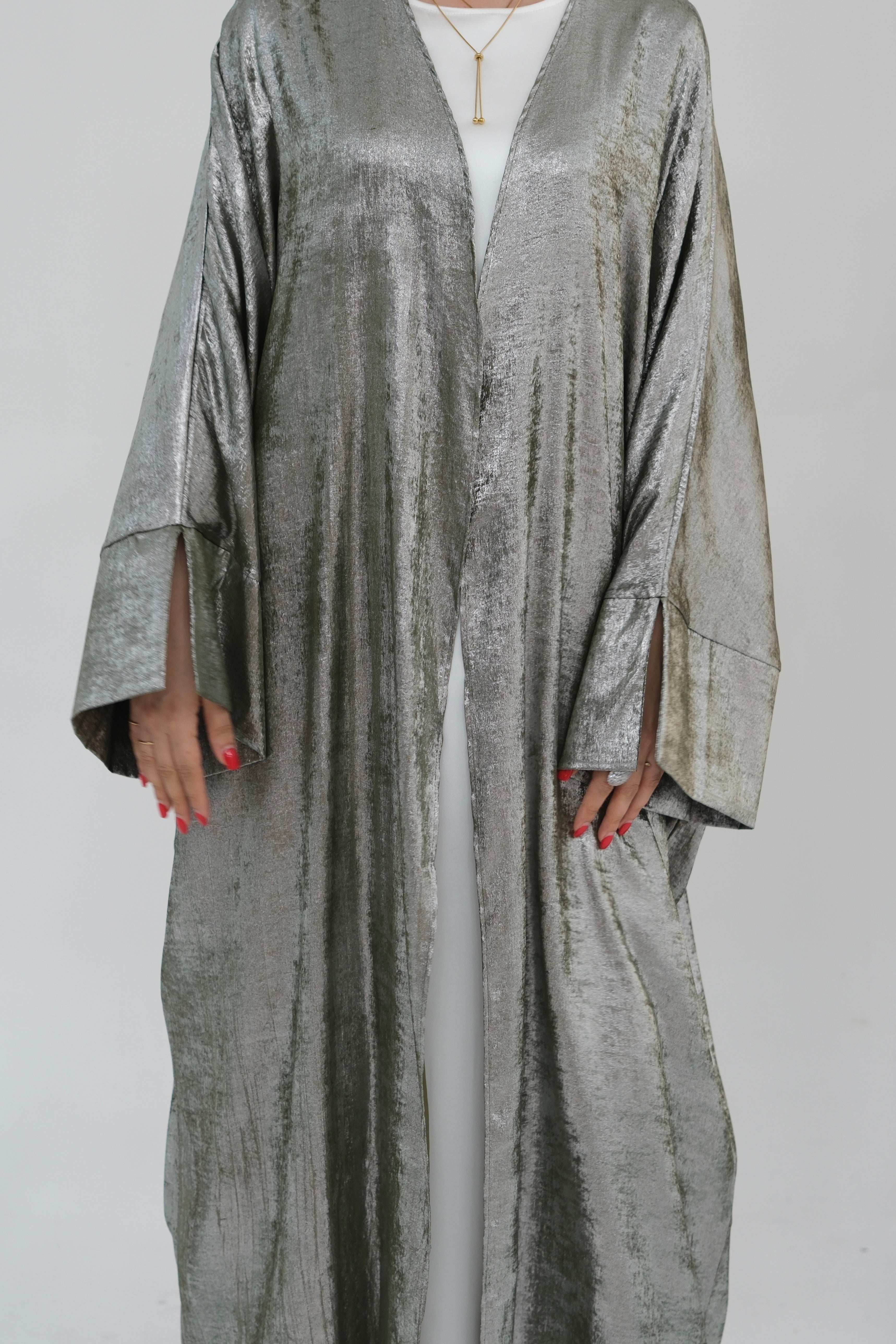 Bahraa Shiny Batwing Butterfly Open Abaya 795-Army Green