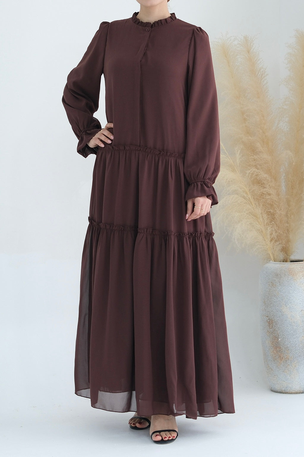 Huda Chiffon Maxi Dress Abaya with belt 754-Coffee