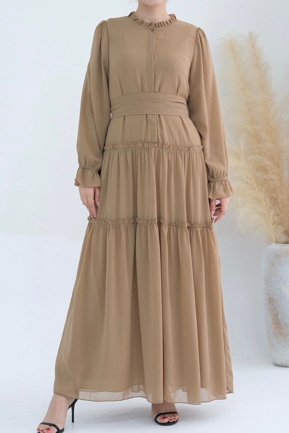 Huda Chiffon Maxi Dress Abaya with belt 754- Khaki