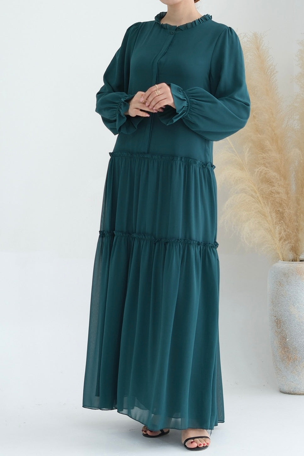 Huda Chiffon Maxi Dress Abaya with belt 754-Green