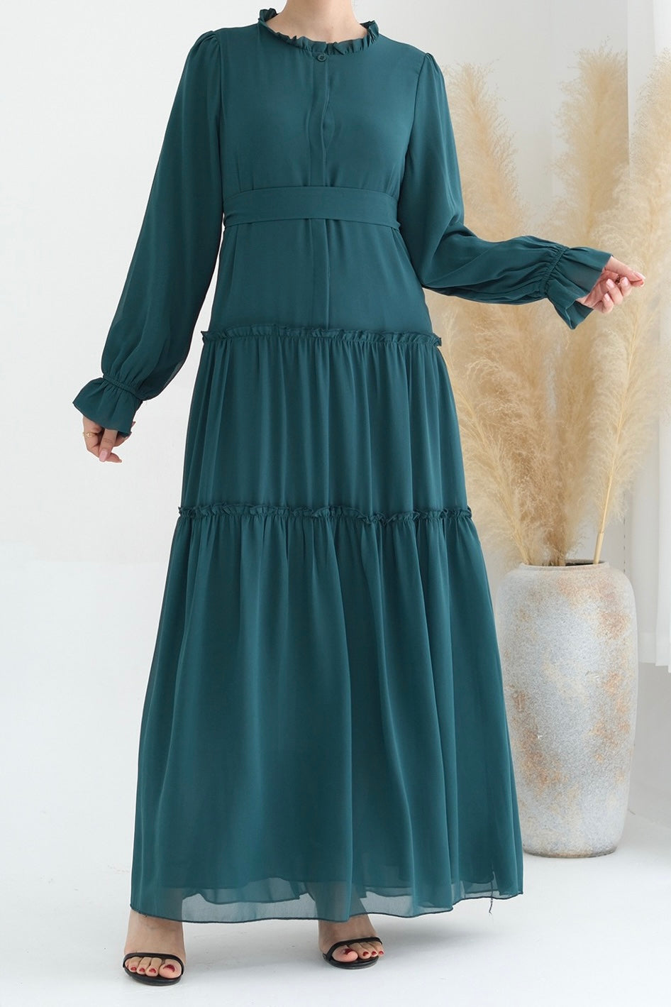 Huda Chiffon Maxi Dress Abaya with belt 754-Green