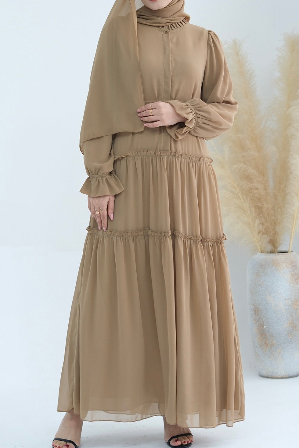 Huda Chiffon Maxi Dress Abaya with belt 754- Khaki