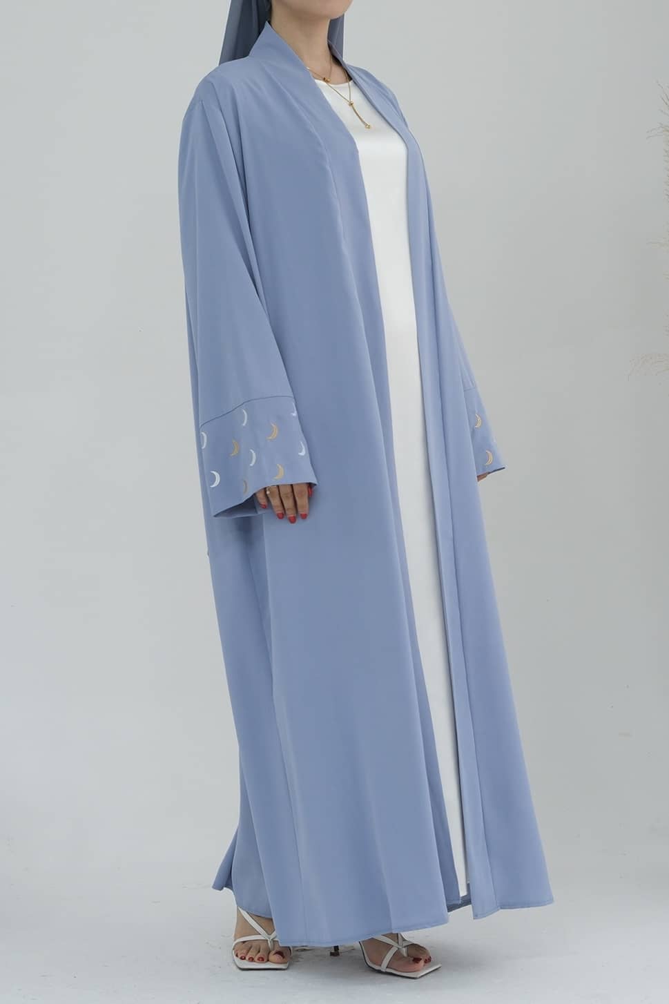 Najma Moon Embroidery modest open abaya with belt 785 - Light Blue