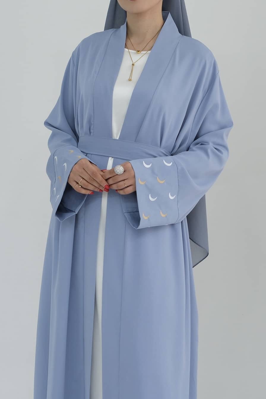 Najma Moon Embroidery modest open abaya with belt 785 - Light Blue