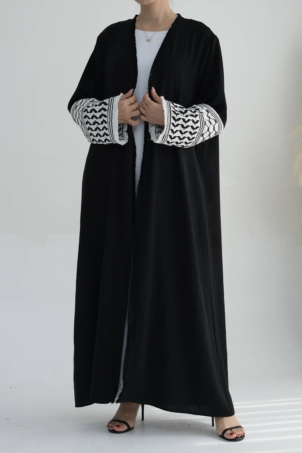 Karina Keffiyeh Inspired Fringed Peace Dove Pattern Embroidery Modest Open Abaya with belt 763 - Black - Meliza