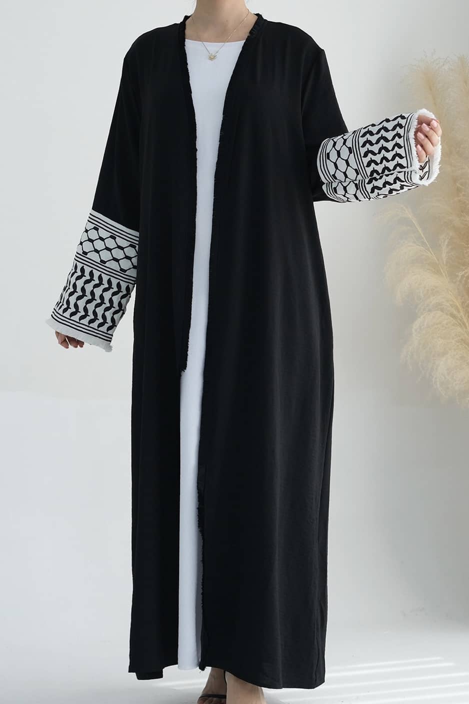 Karina Keffiyeh Inspired Fringed Peace Dove Pattern Embroidery Modest Open Abaya with belt 763 - Black - Meliza