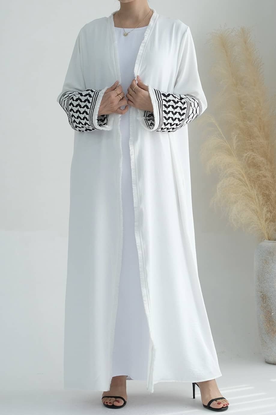 Karina Keffiyeh Inspired Fringed Peace Dove Pattern Embroidery Modest Open Abaya with belt 763 - White - Meliza