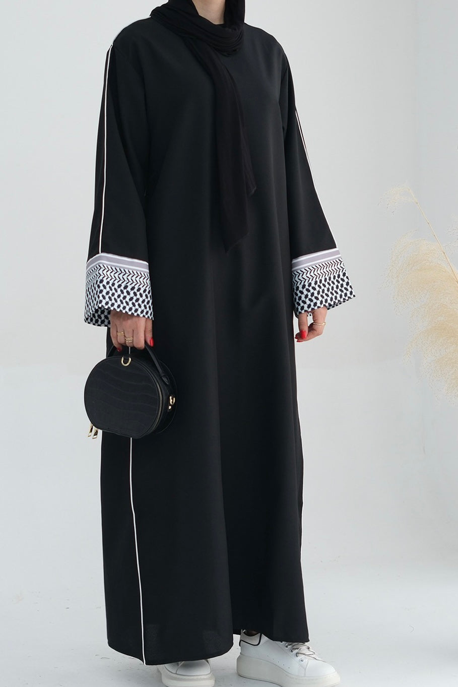 Yasmin Keffiyeh Inspired Peace Dove Pattern Embroidery Maxi Dress Abaya 764-Black