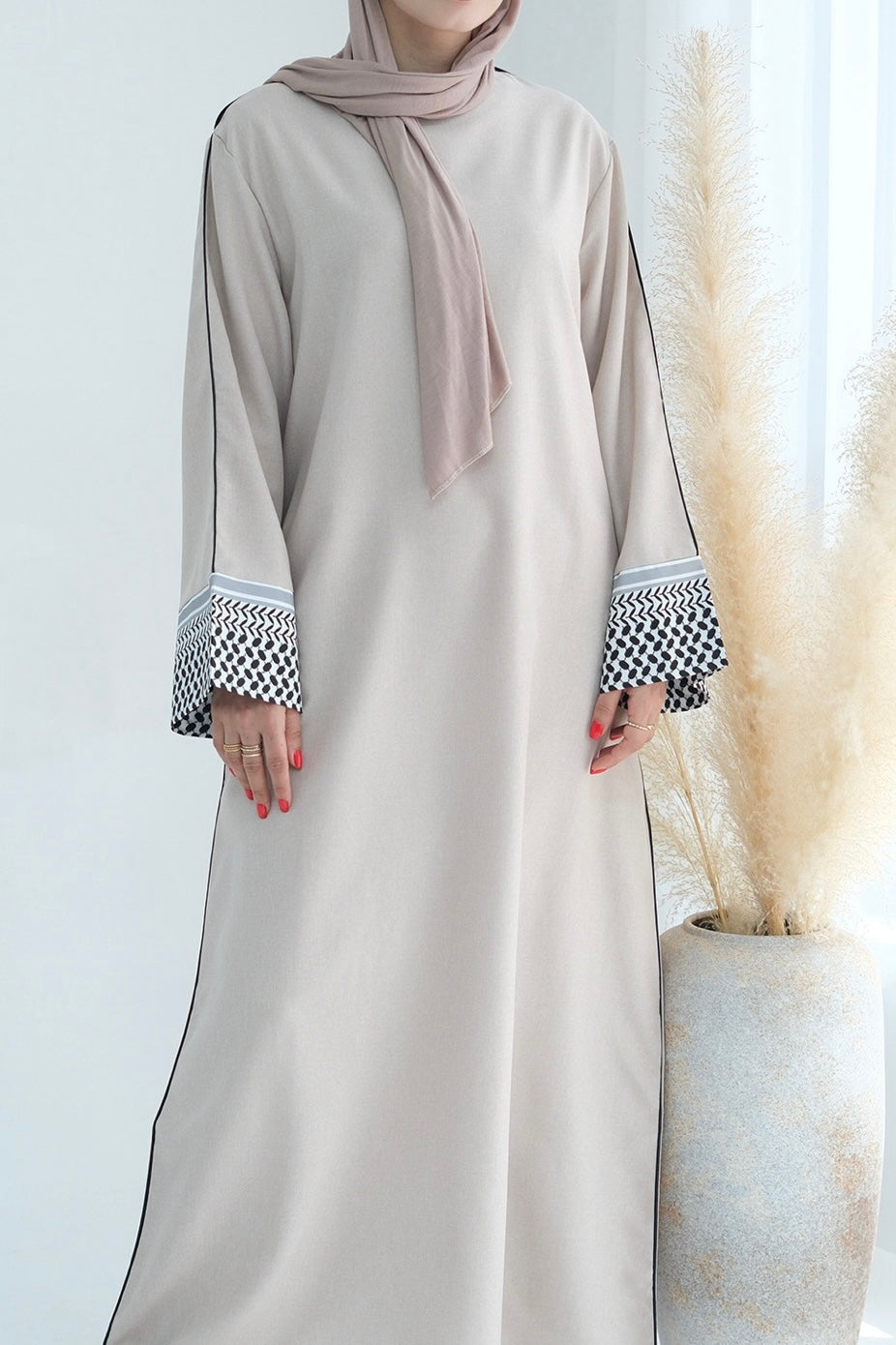 Yasmin Keffiyeh Inspired Peace Dove Pattern Embroidery Maxi Dress Abaya 764-Beige