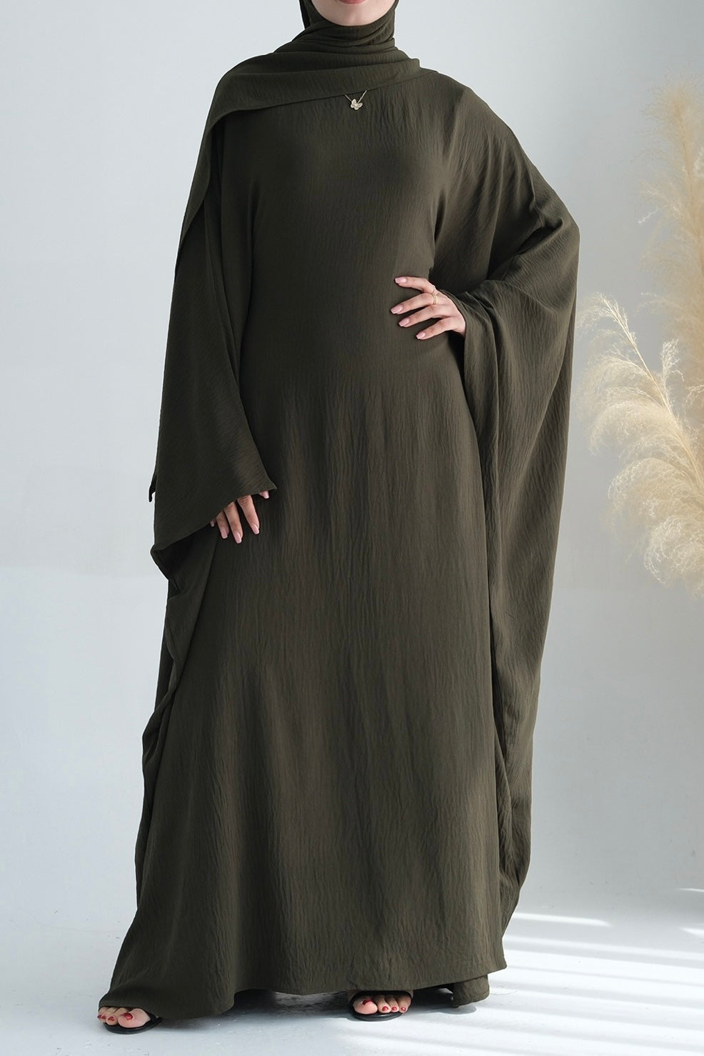 Badia Waist-Cinching Batwing Butterfly Sleeve Maxi Dress Kaftan Abaya 695-Army Green