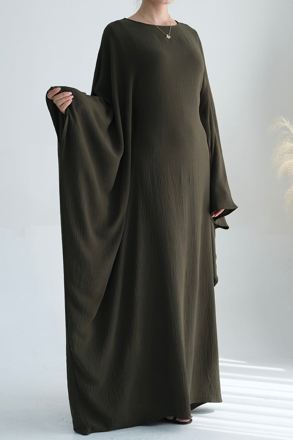 Badia Waist-Cinching Batwing Butterfly Sleeve Maxi Dress Kaftan Abaya 695-Army Green