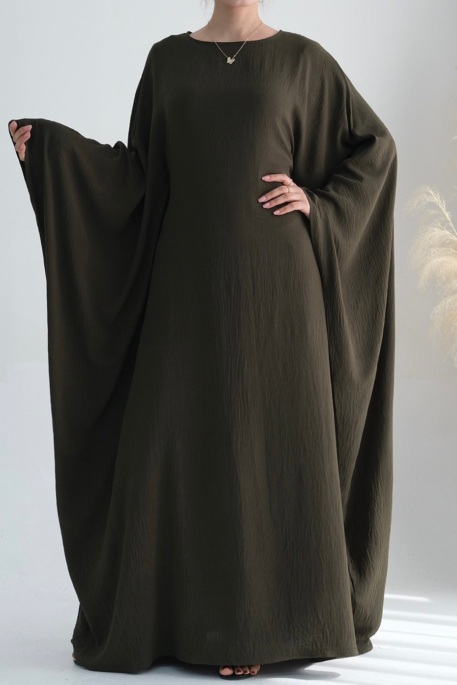 Badia Waist-Cinching Batwing Butterfly Sleeve Maxi Dress Kaftan Abaya 695-Army Green