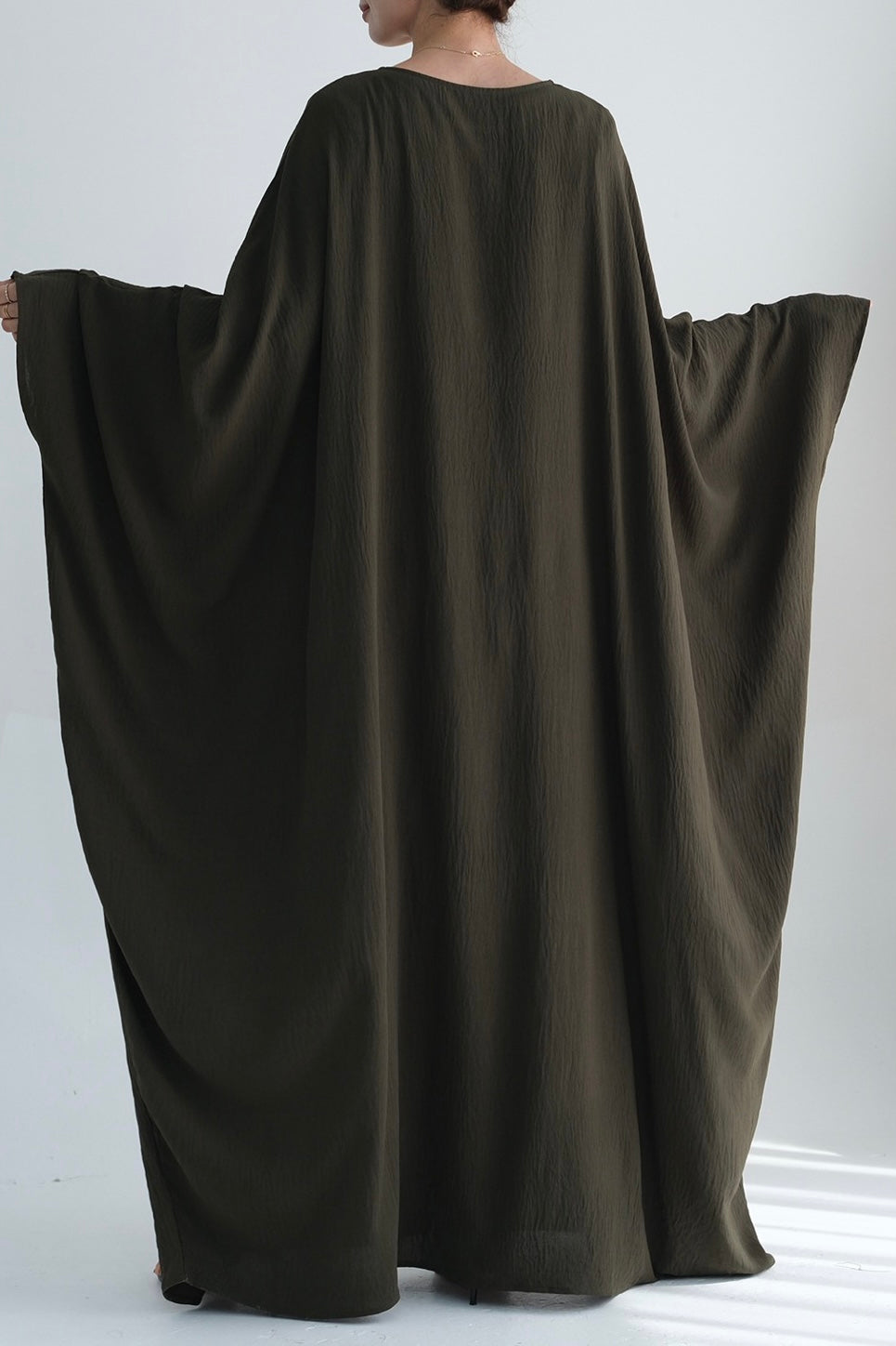 Badia Waist-Cinching Batwing Butterfly Sleeve Maxi Dress Kaftan Abaya 695-Army Green