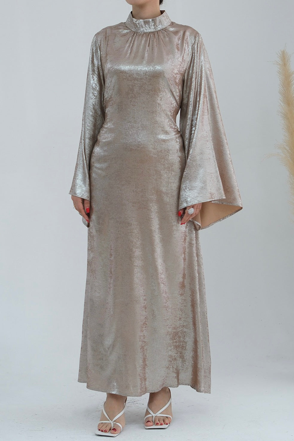 Rola Shiny High Collar Maxi Dress Abaya 777 - Khaki