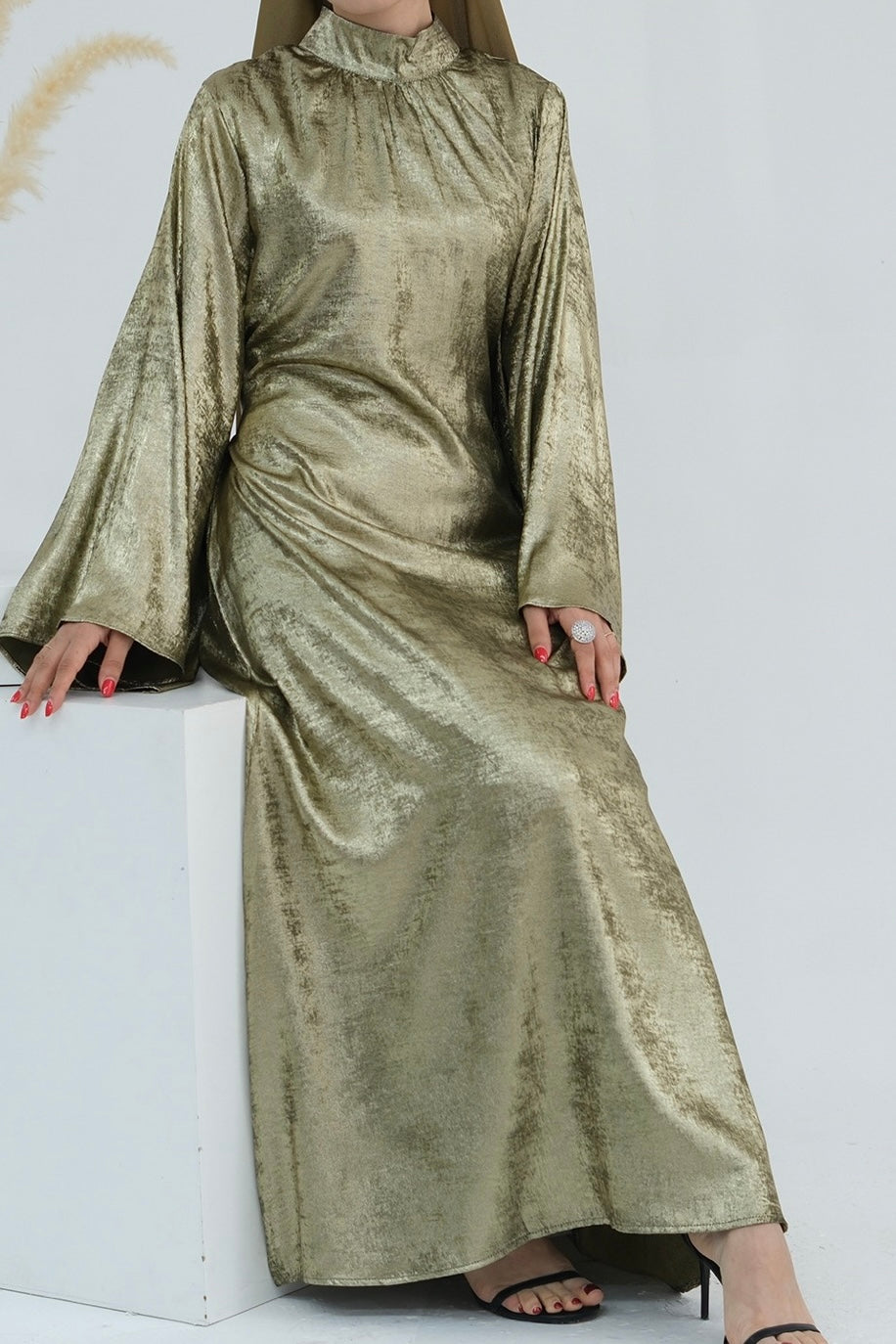 Rola Shiny High Collar Maxi Dress Abaya 777-Green