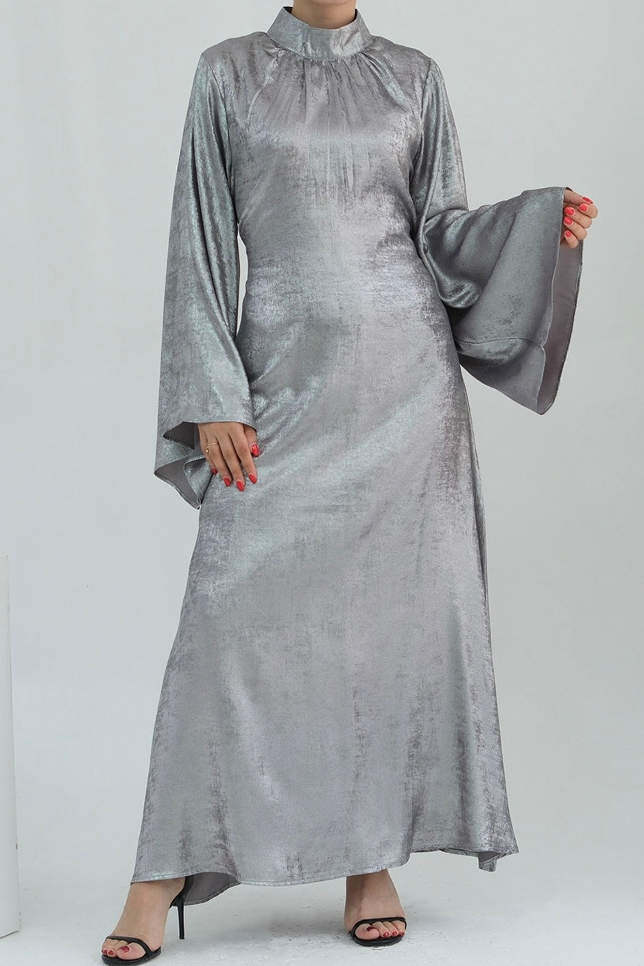 Rola Shiny High Collar Maxi Dress Abaya 777-Light gray