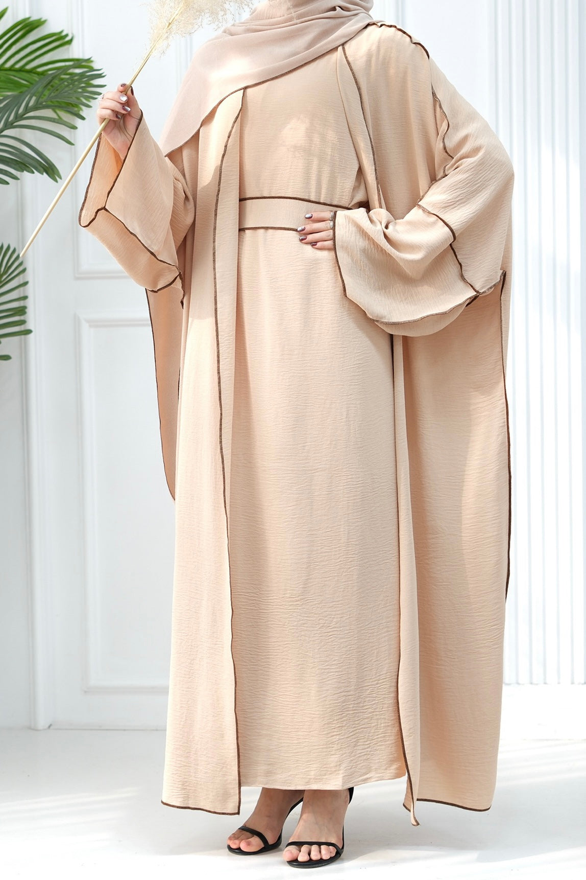 Noora Two Pieces Maxi Abaya Set with Brown Contrast Piping 693 -Beige