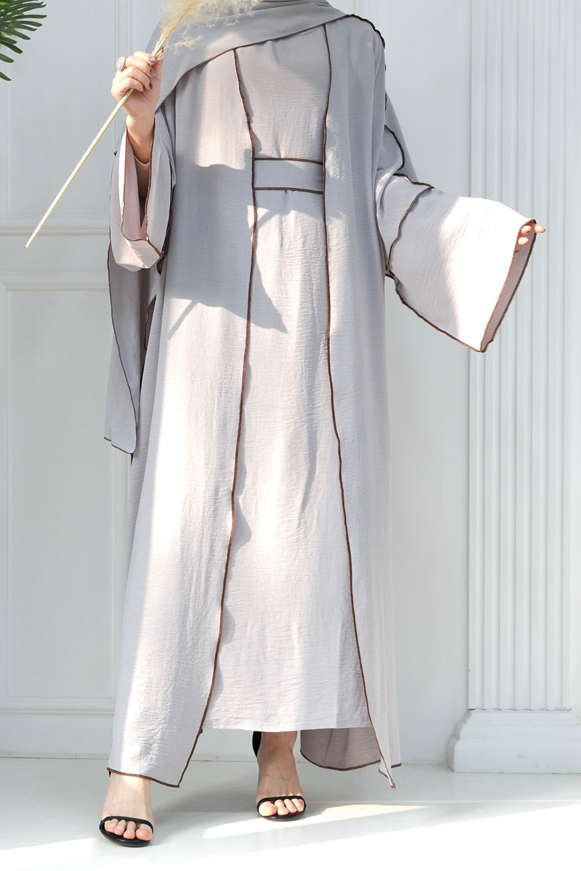 Noora Two Pieces Maxi Abaya Set with Brown Contrast Piping 693 -Gray