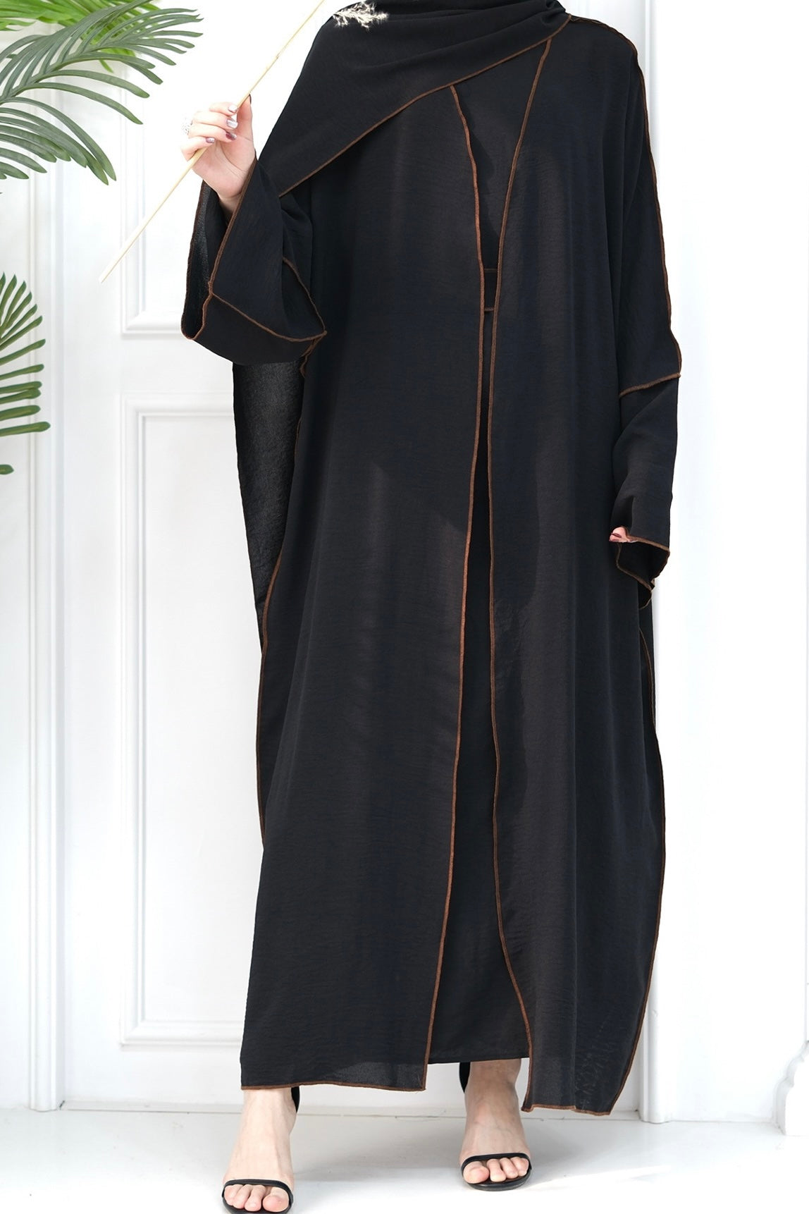 Noora Two Pieces Maxi Abaya Set with Brown Contrast Piping 693 -Black