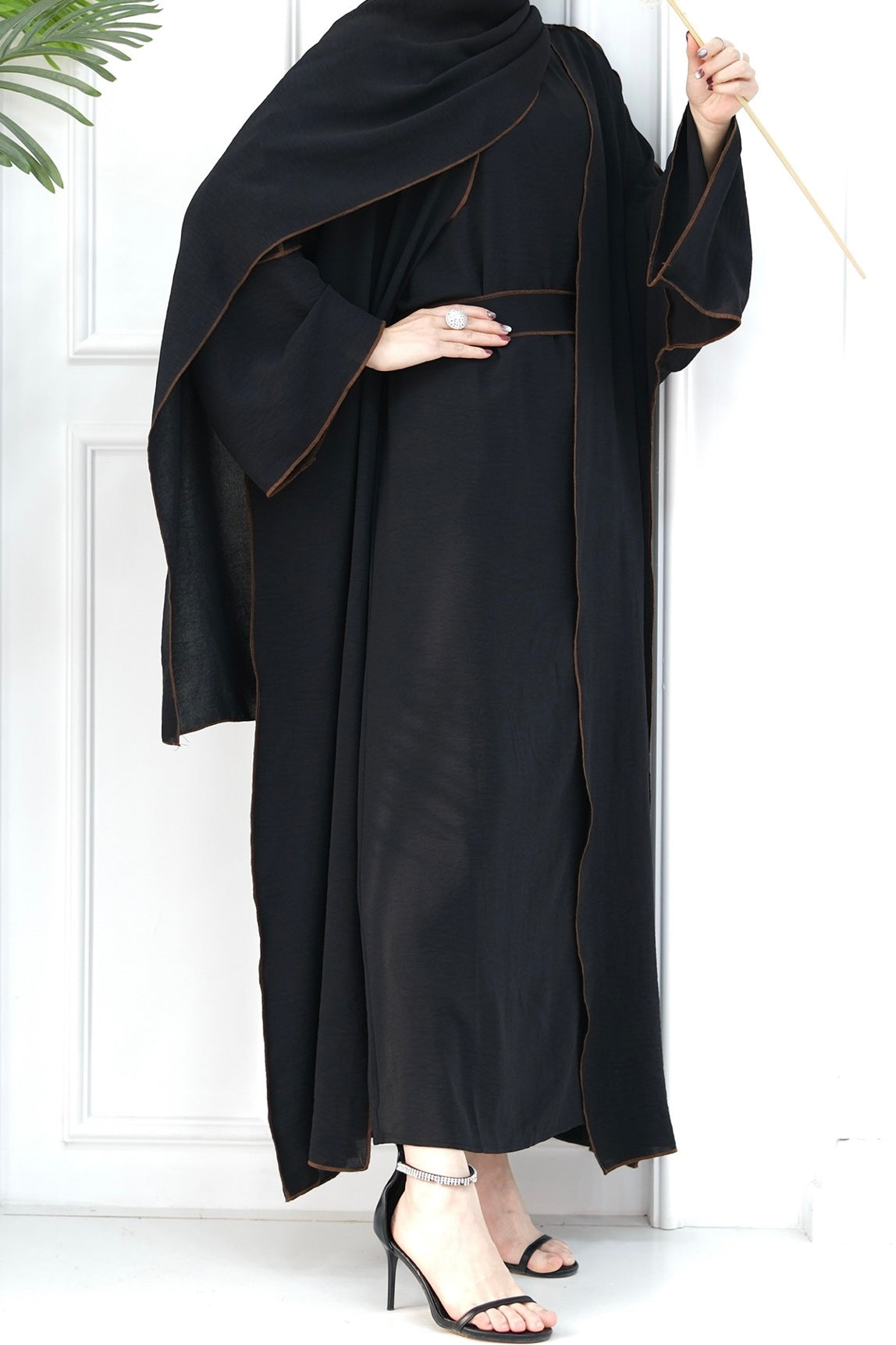 Noora Two Pieces Maxi Abaya Set with Brown Contrast Piping 693 -Black