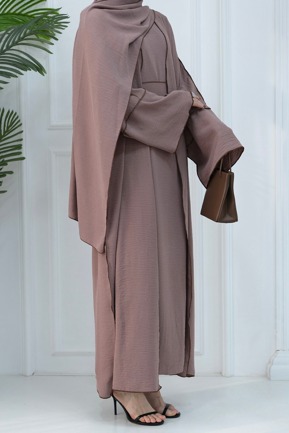 Noora Two Pieces Maxi Abaya Set with Brown Contrast Piping 693 -Coffee