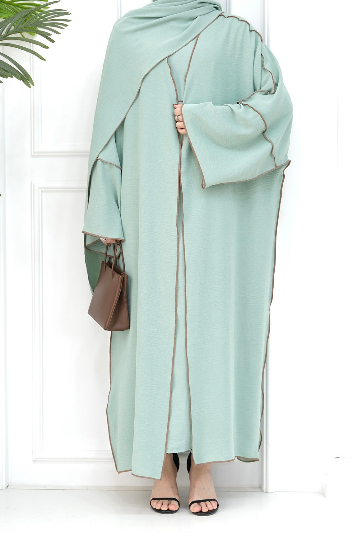 Noora Two Pieces Maxi Abaya Set with Brown Contrast Piping 693 -Green