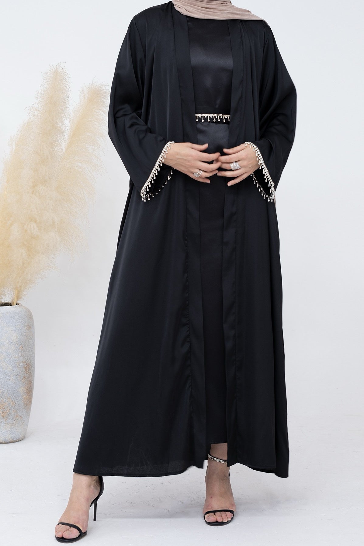 Luna 2PCS Crystal Beads Sleeves Satin Abaya Set with Crystal Chain- Black - Meliza