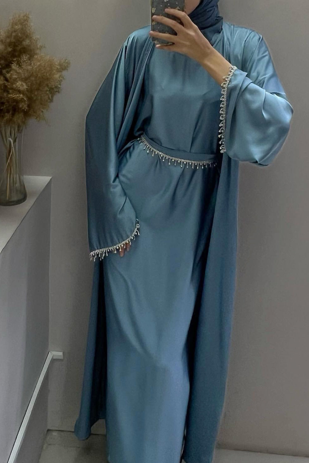 Luna 2PCS Crystal Beads Sleeves Satin Abaya Set with Crystal Chain - Blue - Meliza