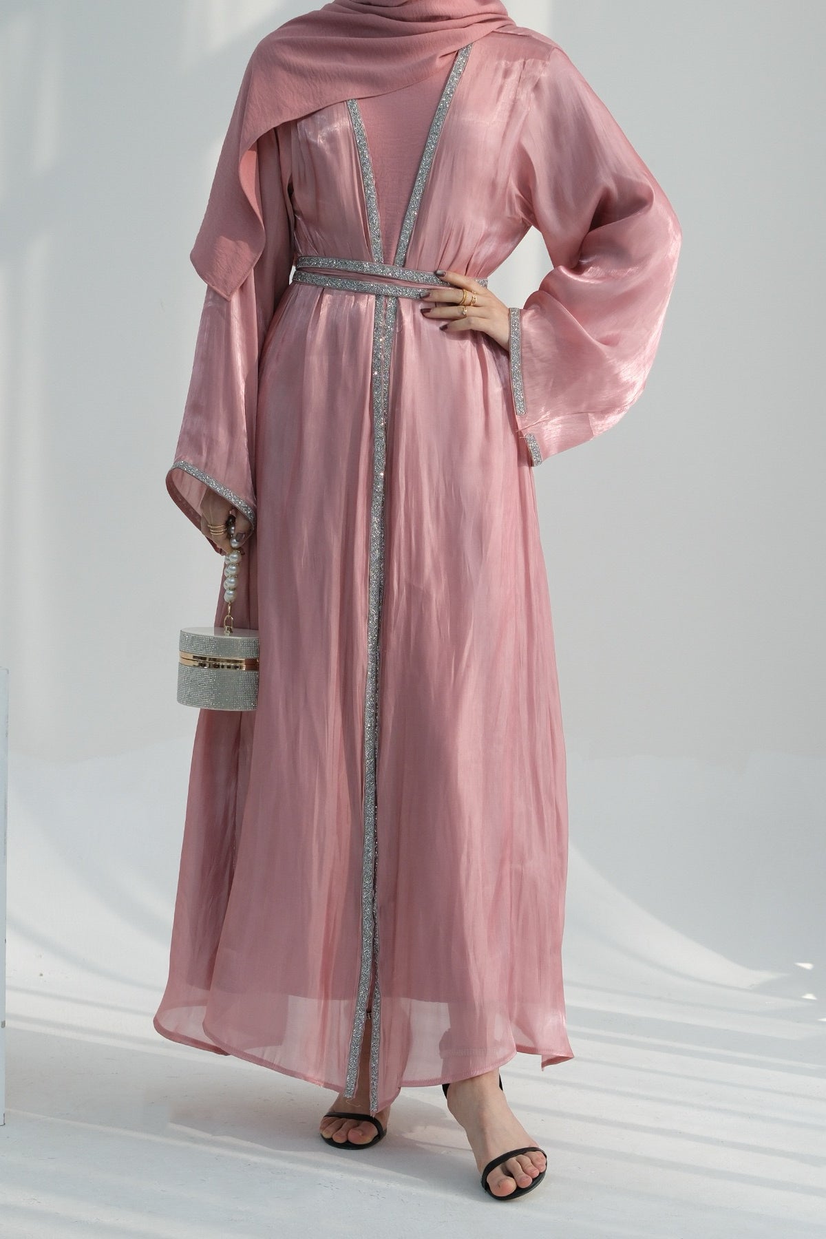 Ahmed Satin Open Abaya with Shiny Belt 699 - Pink - Meliza