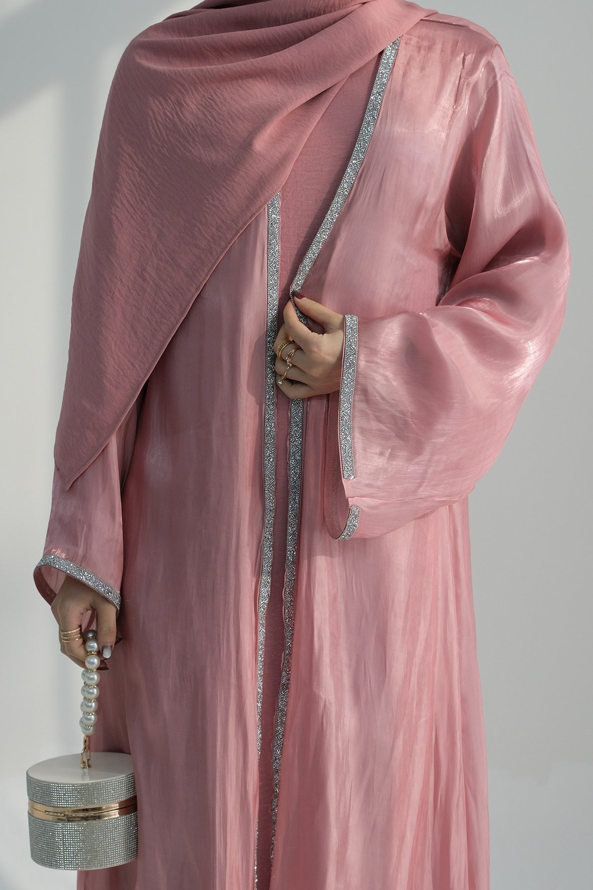 Ahmed Satin Open Abaya with Shiny Belt 699 - Pink - Meliza