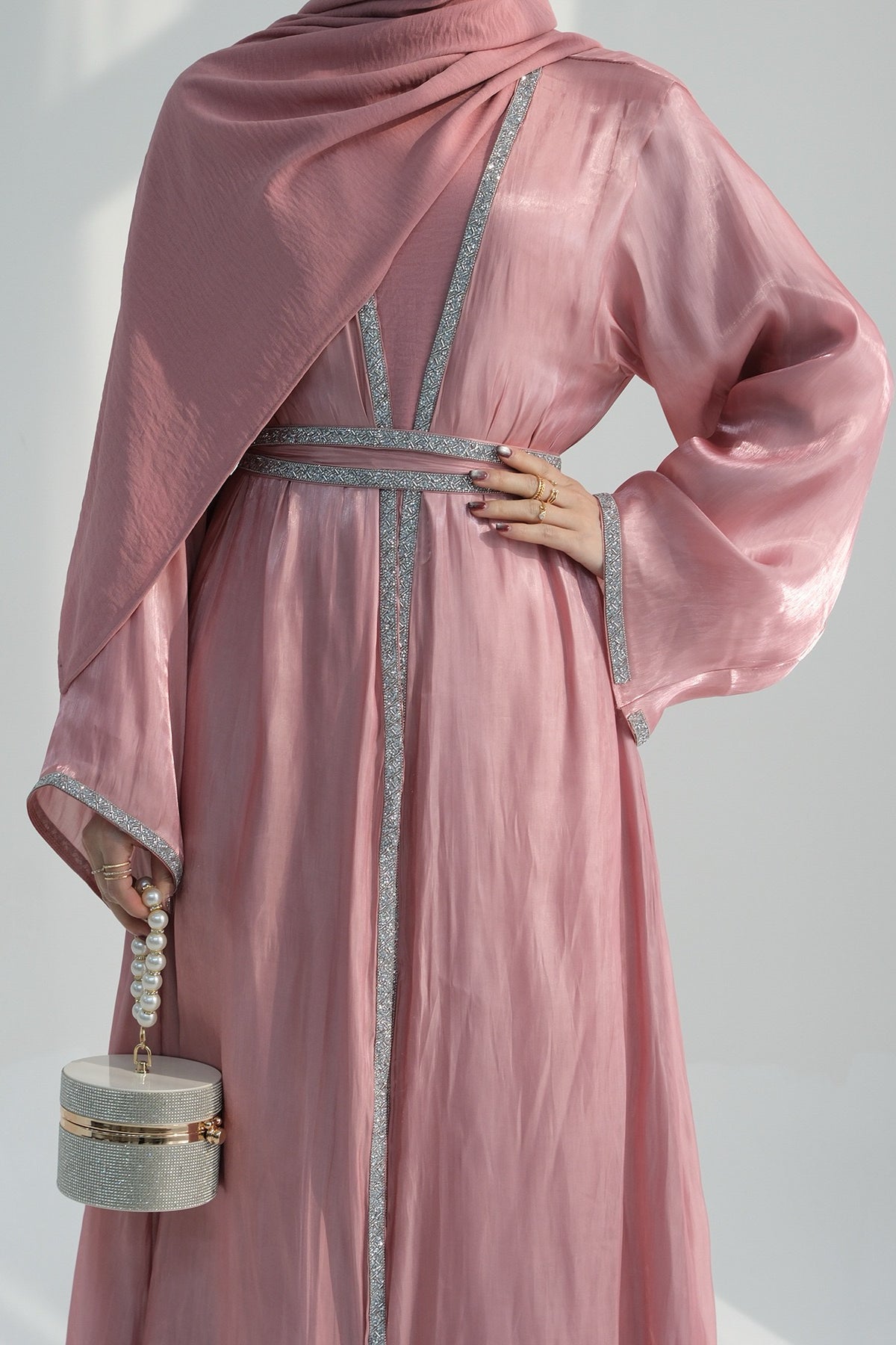 Ahmed Satin Open Abaya with Shiny Belt 699 - Pink - Meliza