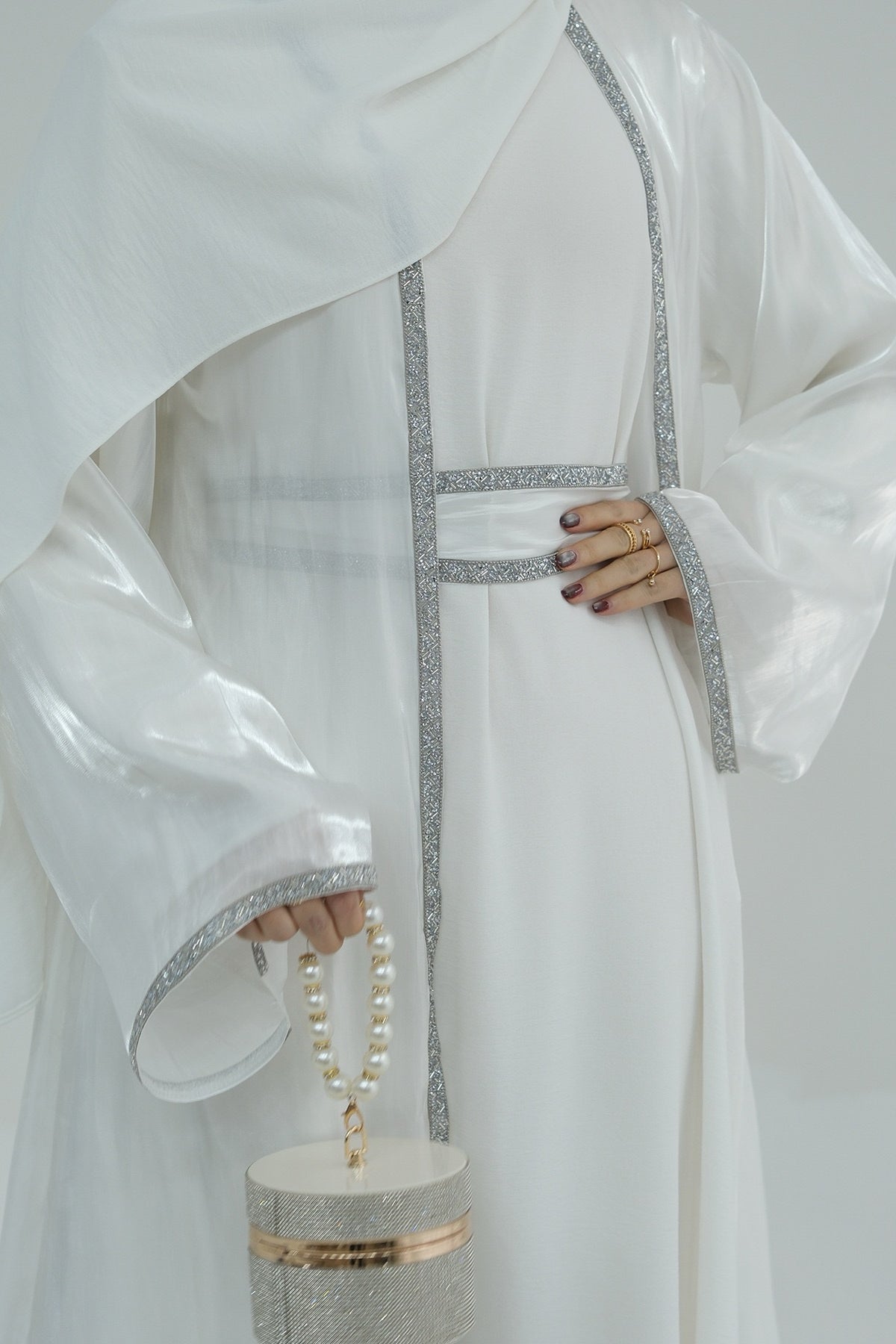 Ahmed Satin Open Abaya with Shiny Belt 699 - White - Meliza