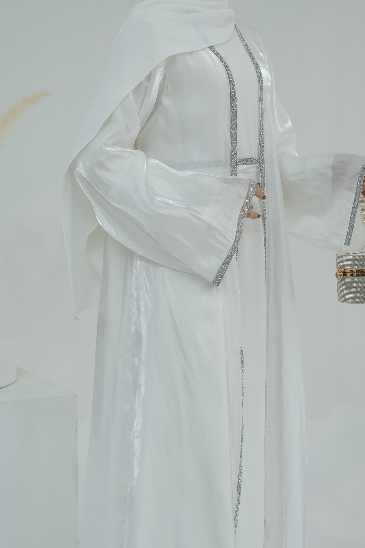 Ahmed Satin Open Abaya with Shiny Belt 699 - White - Meliza