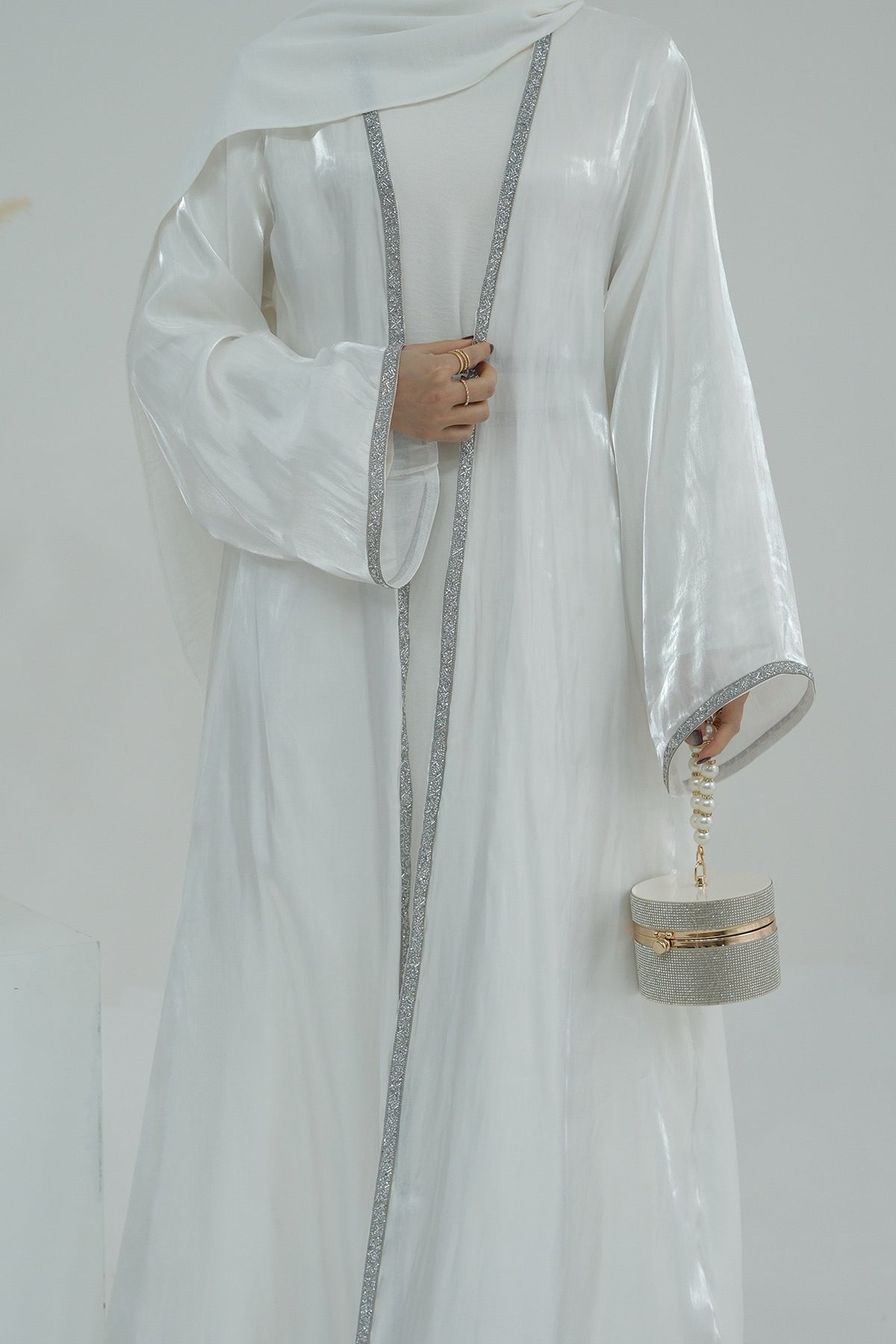 Ahmed Satin Open Abaya with Shiny Belt 699 - White - Meliza