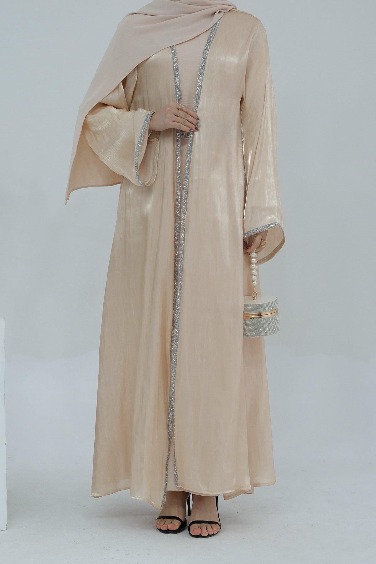 Ahmed Satin Open Abaya with Shiny Belt 699 - Beige - Meliza